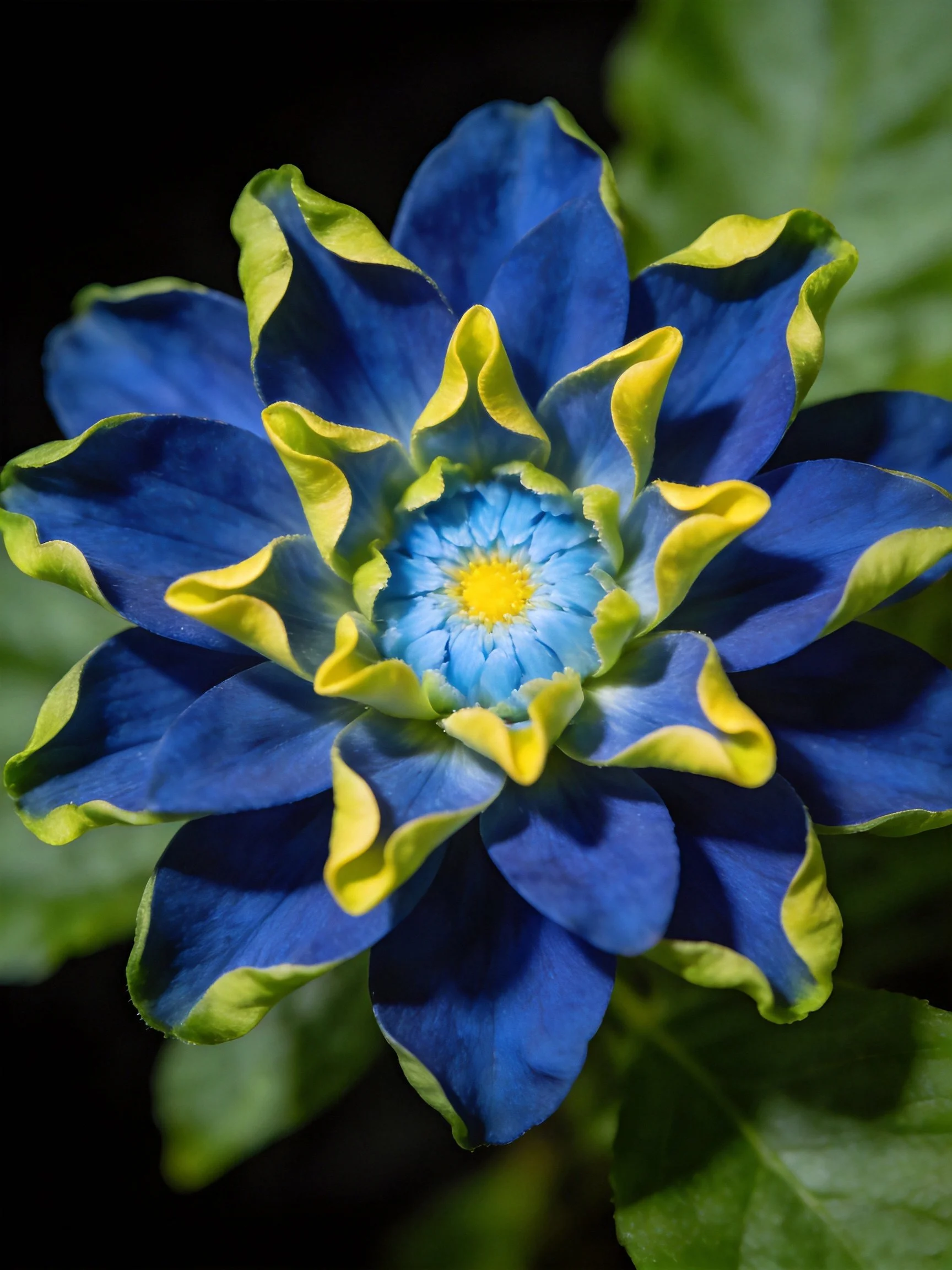 Dark blue flower with yellow-edged petals and layered blooms
