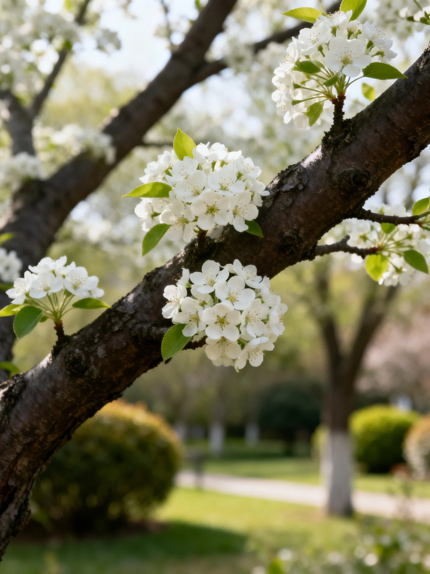Dark brown tree branch with white clustered blossoms