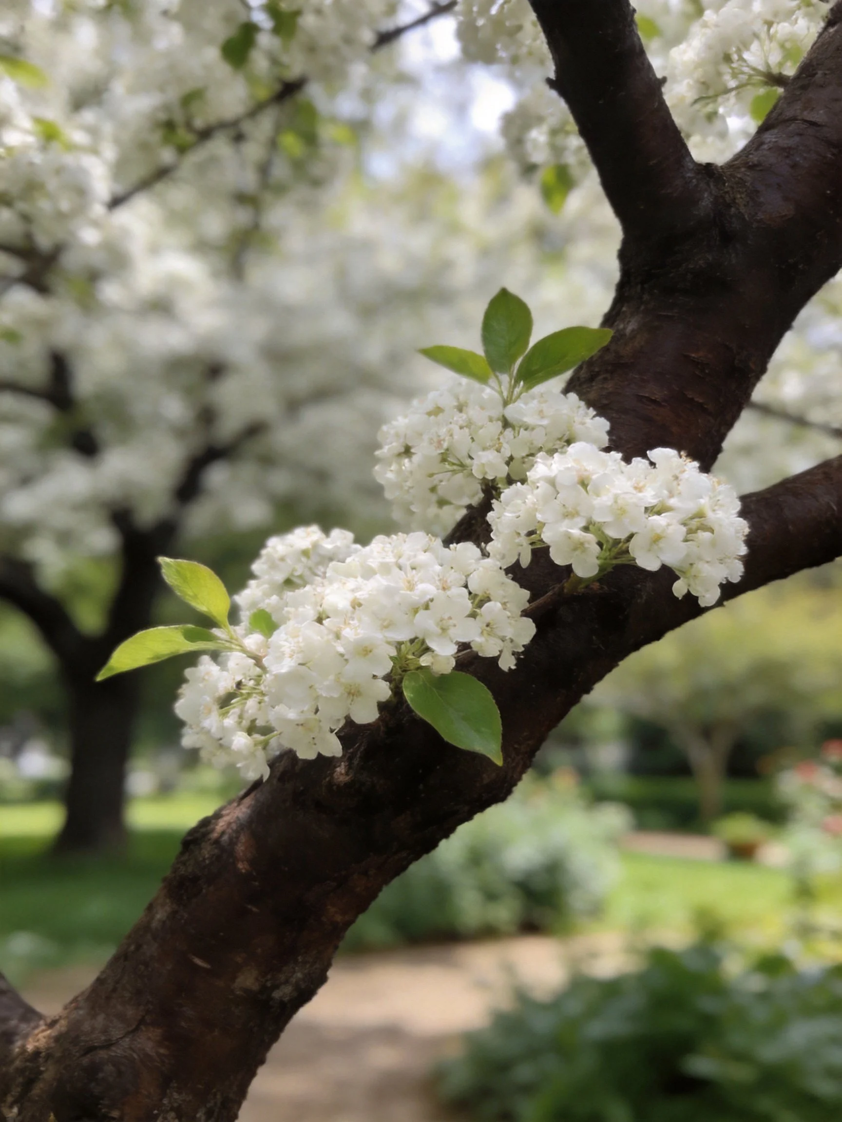 Dark brown tree branches with white clustered flowers and green leaves
