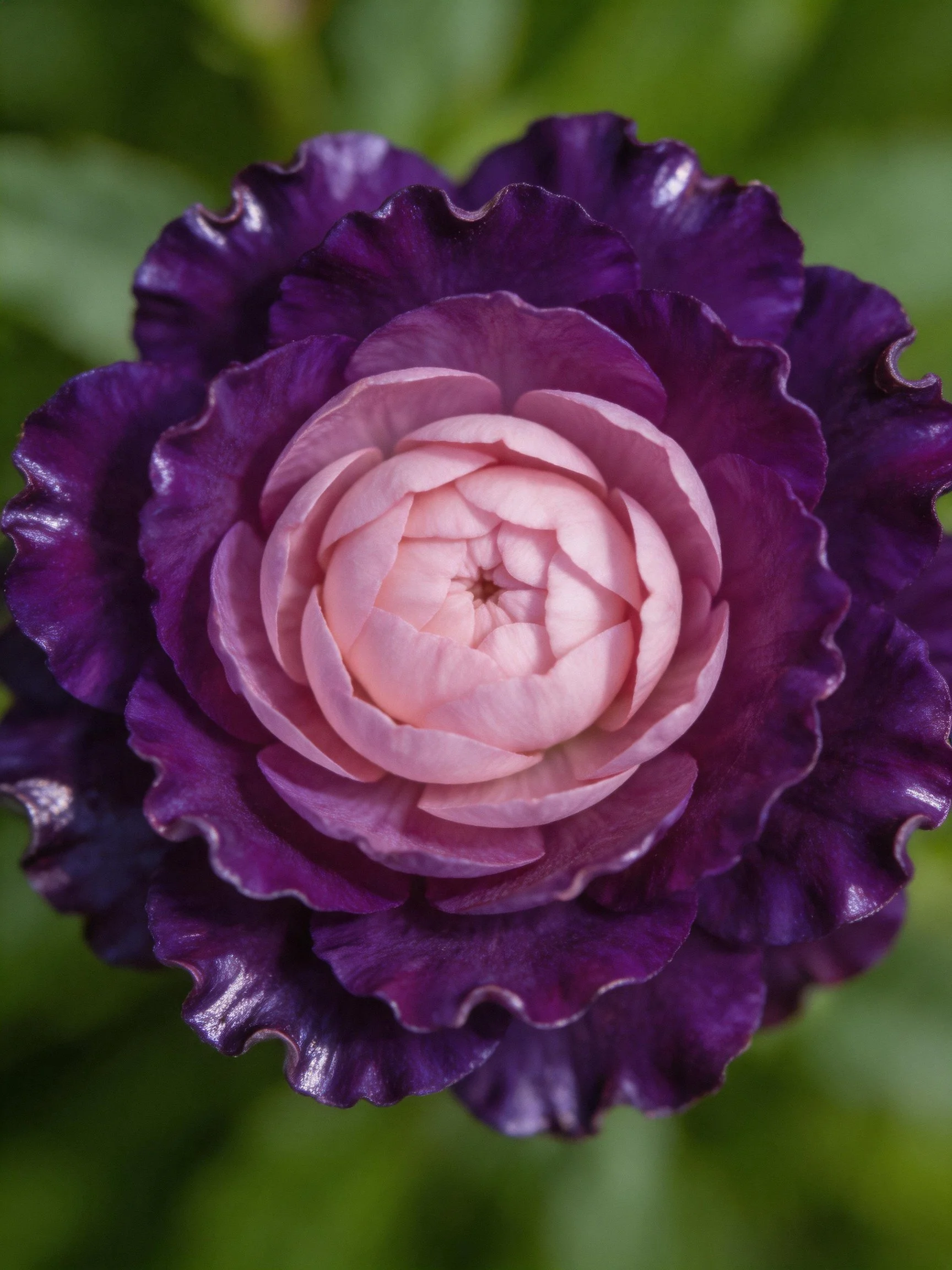 Dark purple and pink layered flower with ruffled petals