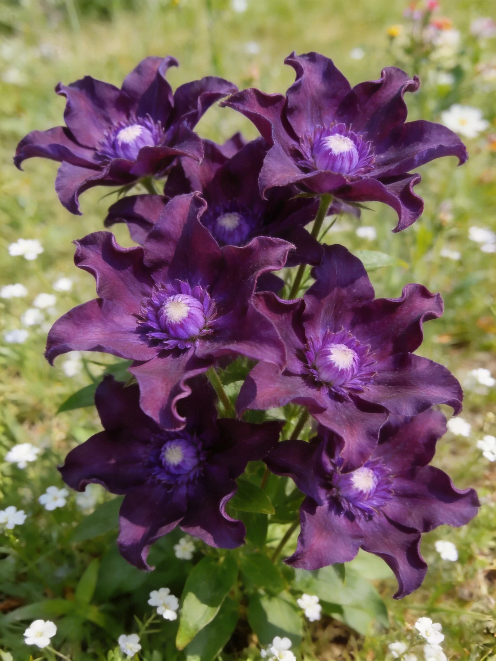 Dark purple clematis flowers clustered among small white blooms in a garden setting
