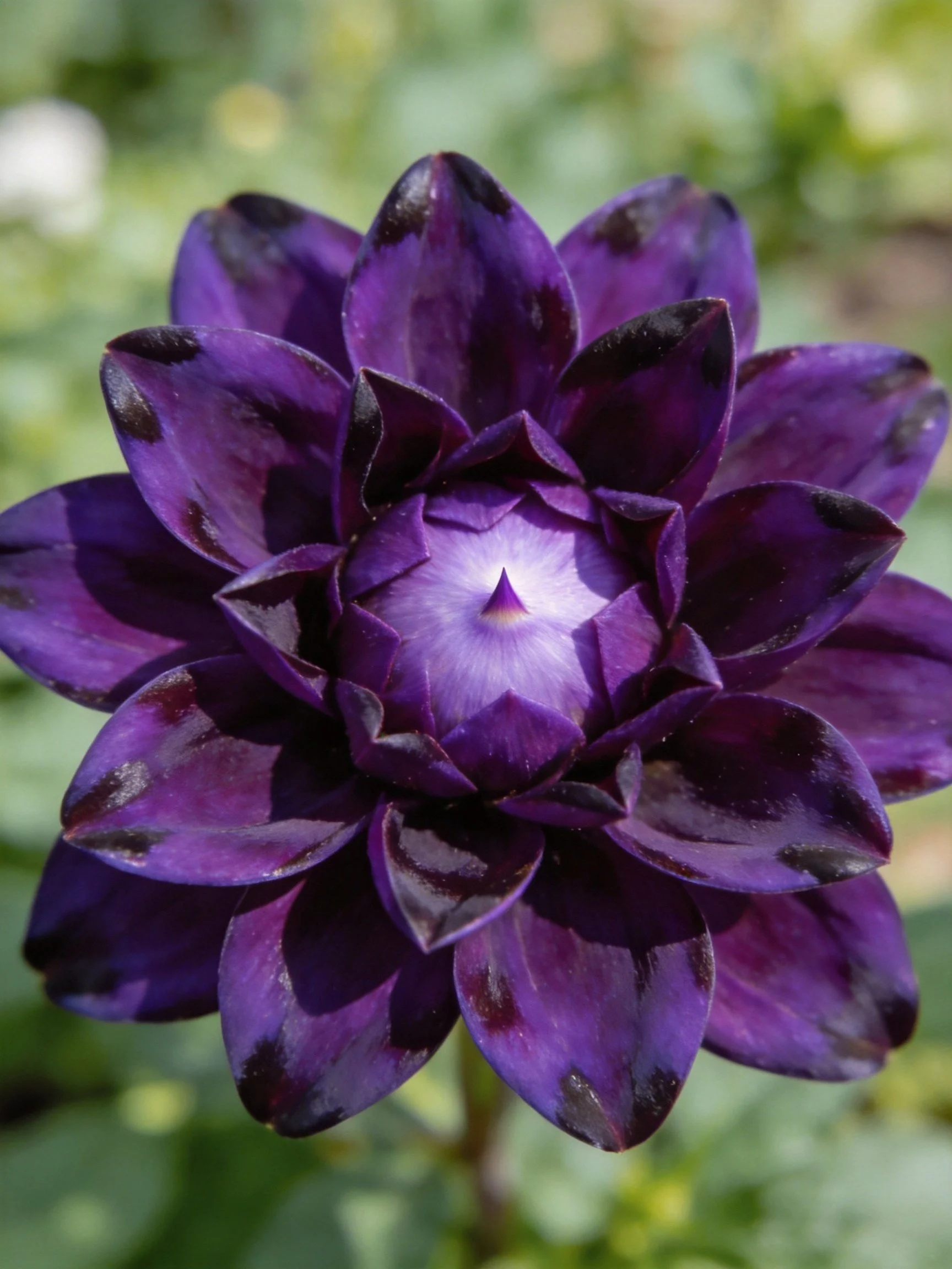 Dark purple dahlia with black spotted petals