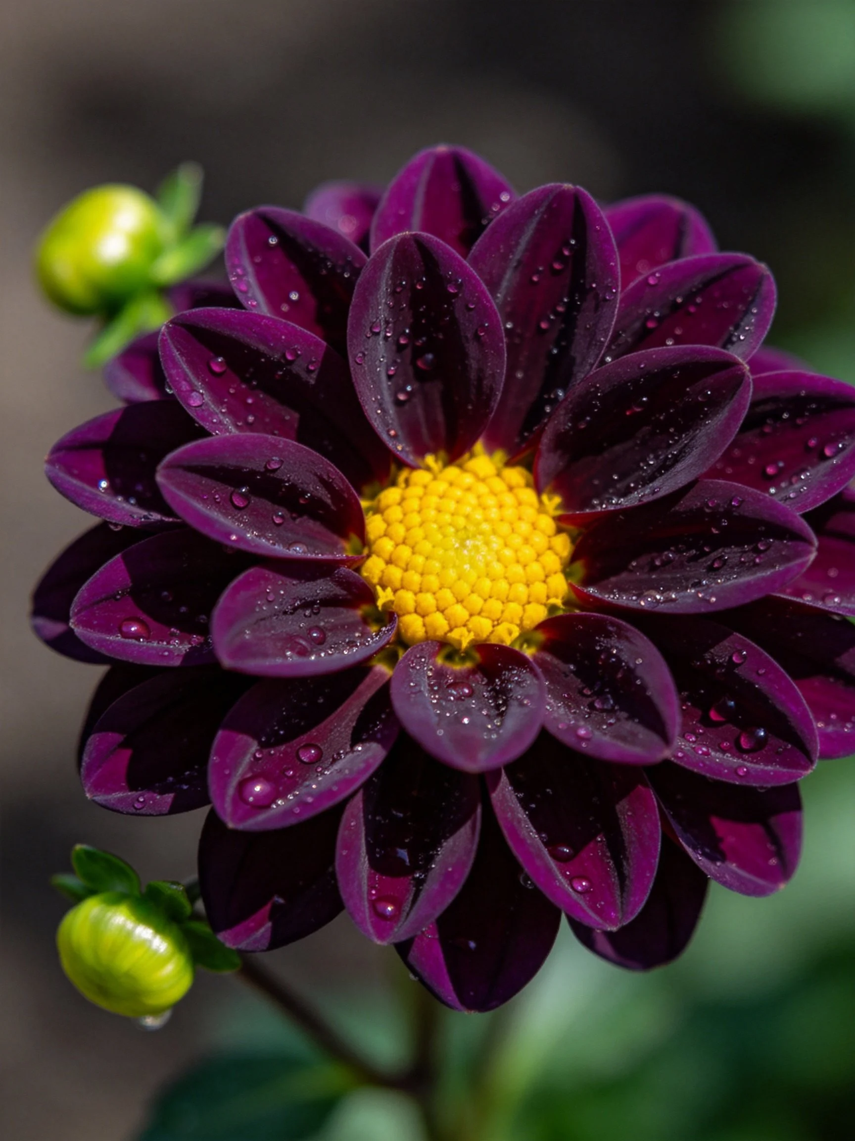Close - up of a dark purple dahlia with a bright yellow center, water droplets, and green buds.