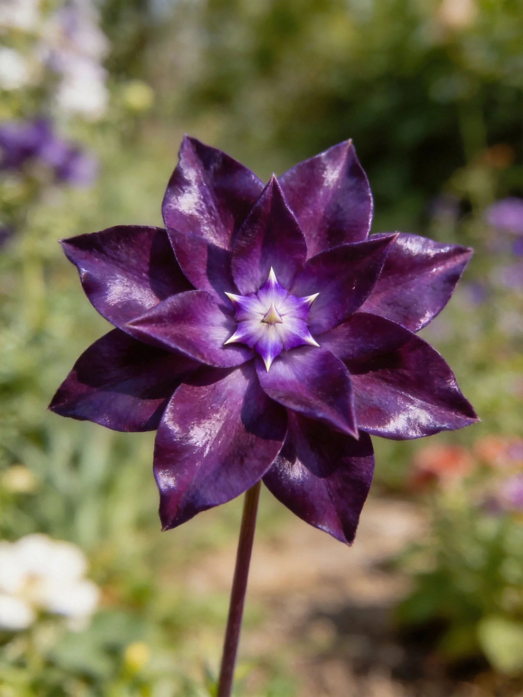Dark purple flower with layered petals in a garden