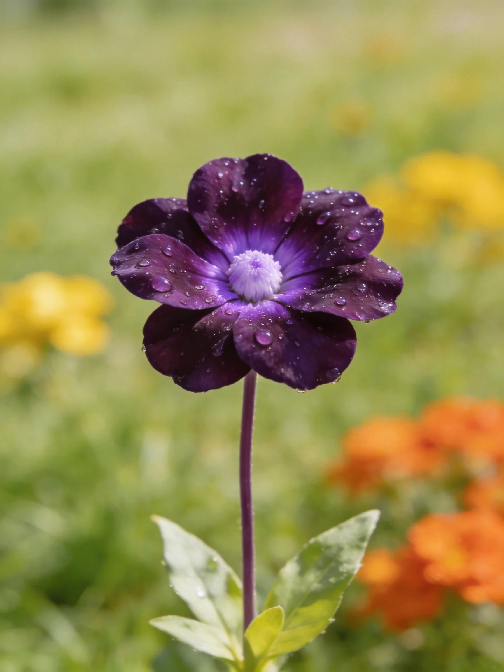 Dark purple flower with water droplets among colorful blooms
