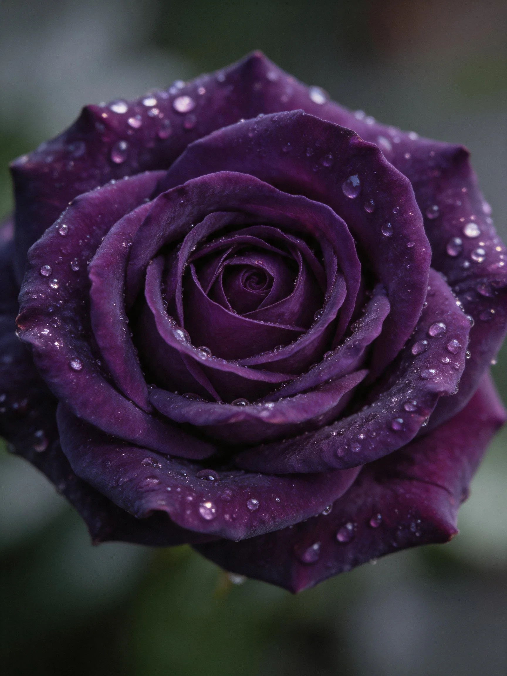 Dark purple rose with water droplets, close-up view