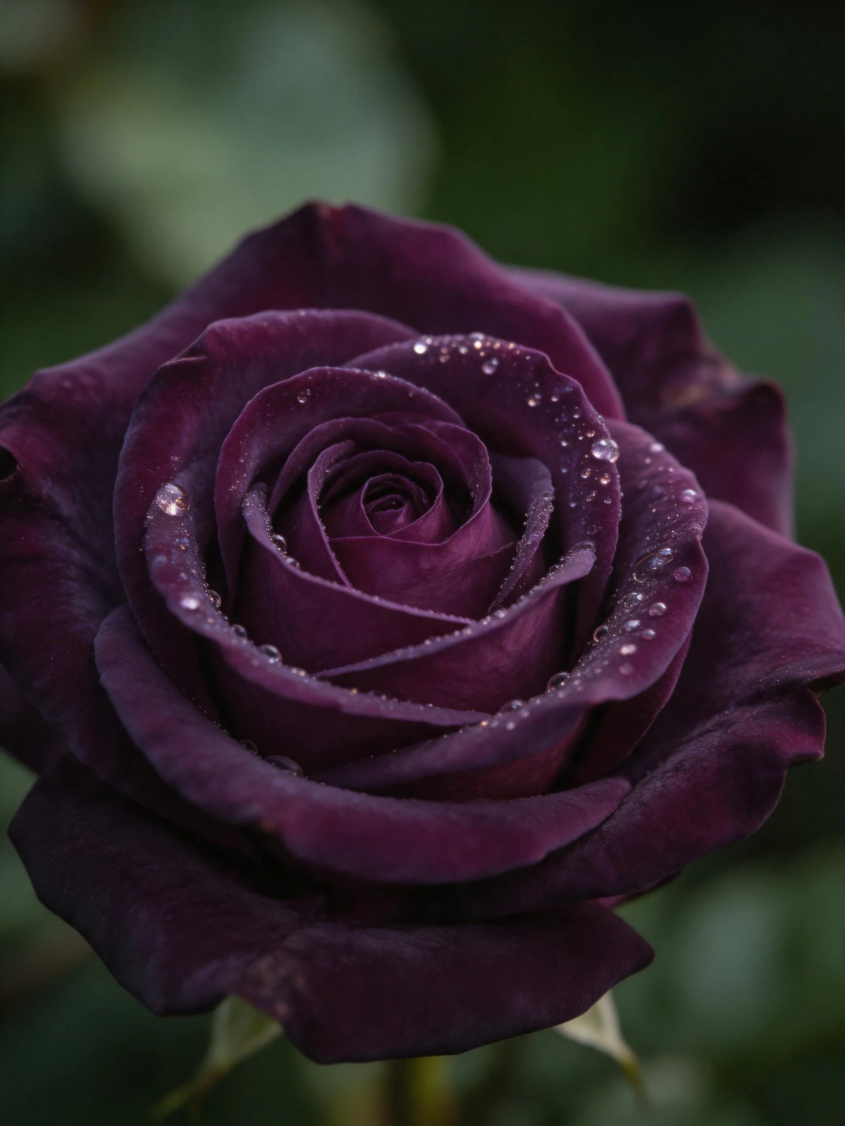 Dark purple rose with water droplets, close-up view
