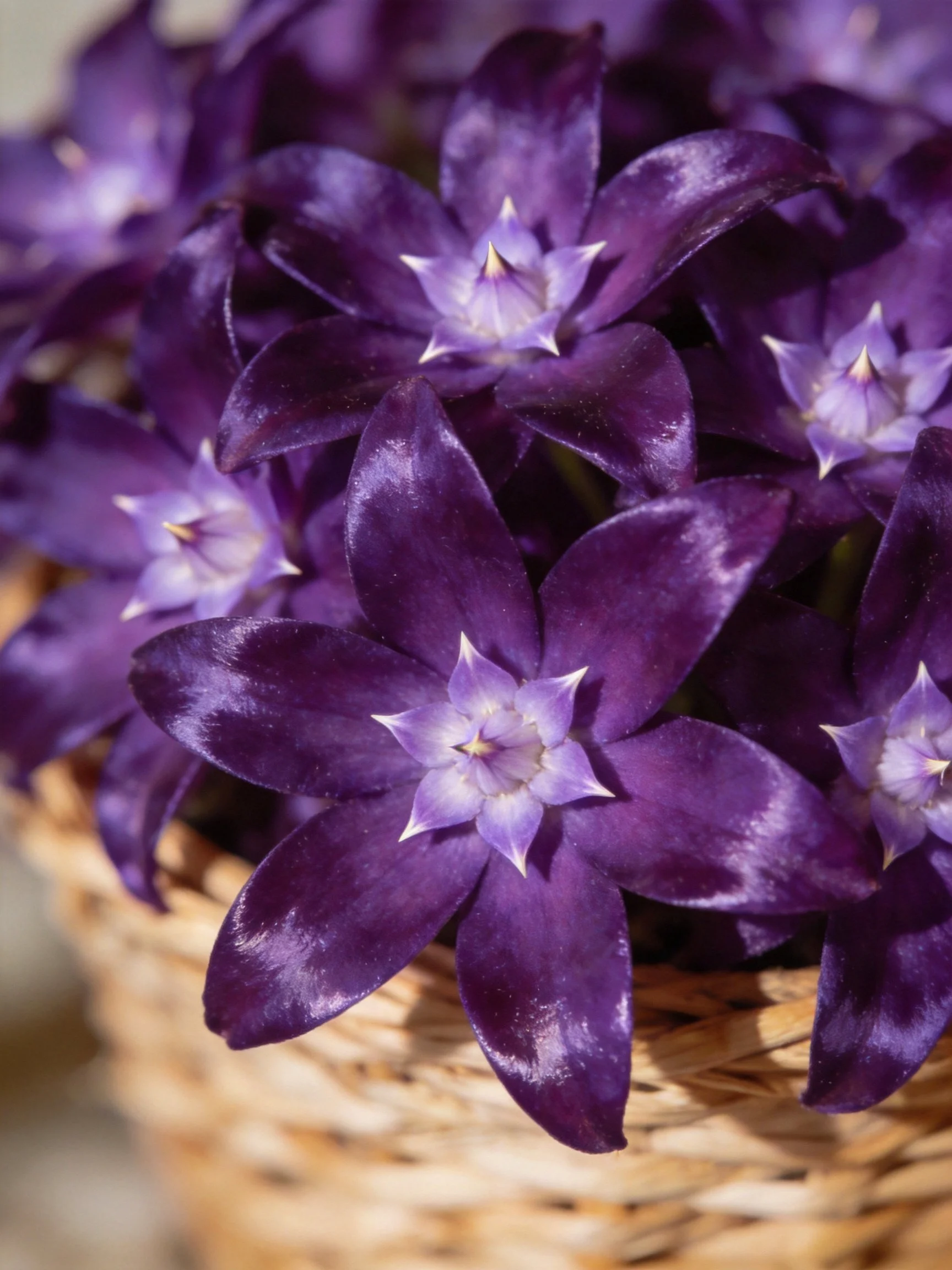 Dark purple star - shaped flowers arranged in a woven basket