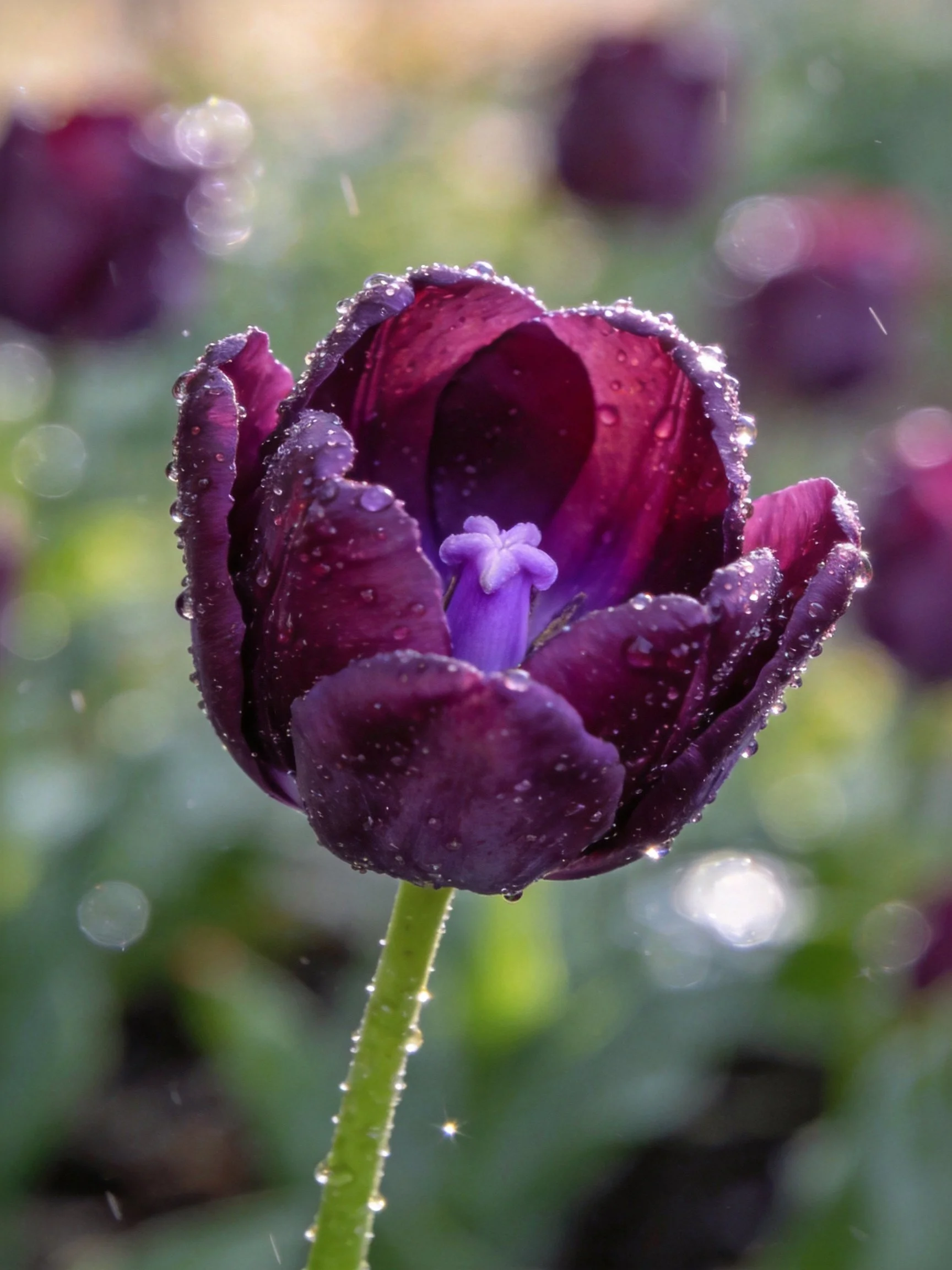 Dark purple tulip covered in water droplets