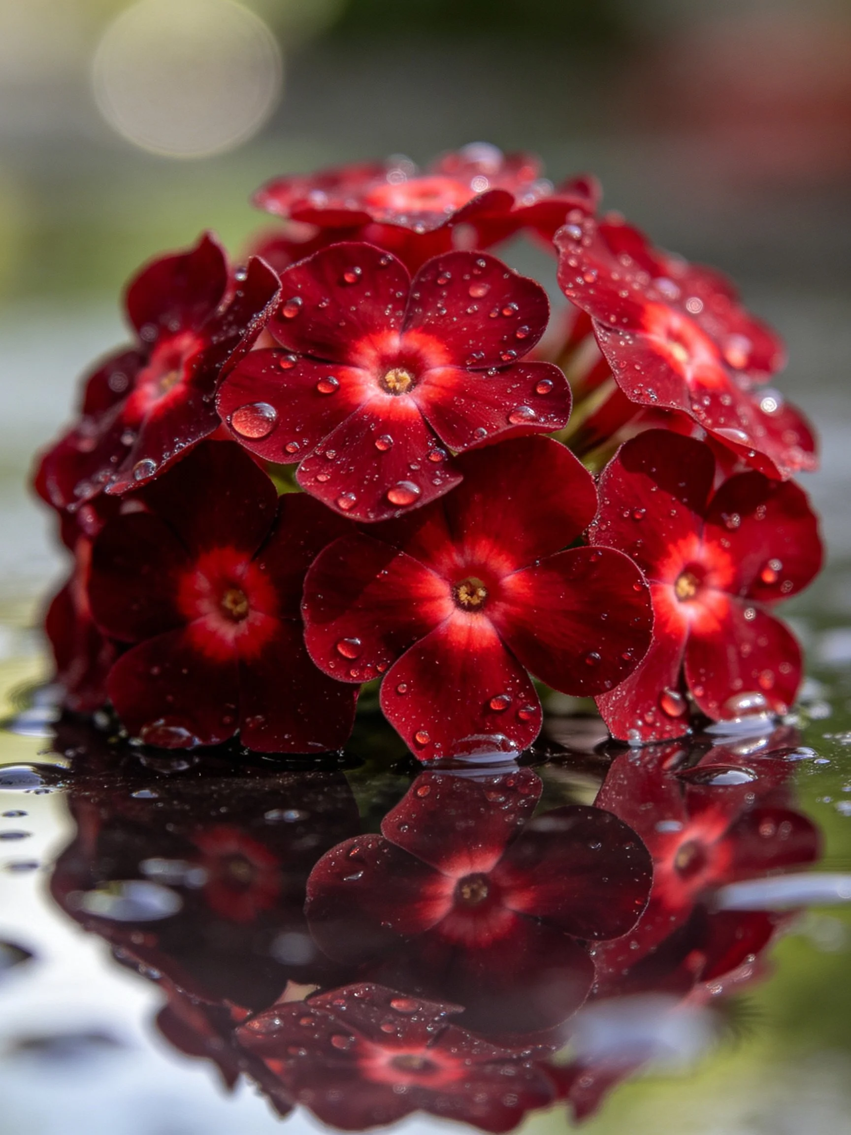 Dark red flowers with water droplets reflected in water