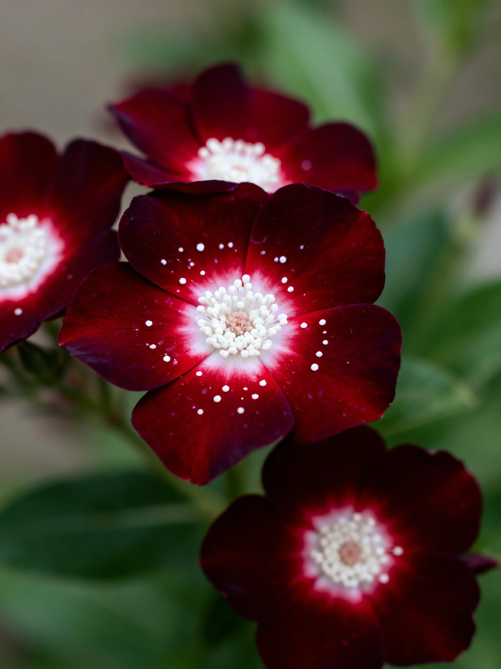 Dark red flowers with white centers clustered among green foliage