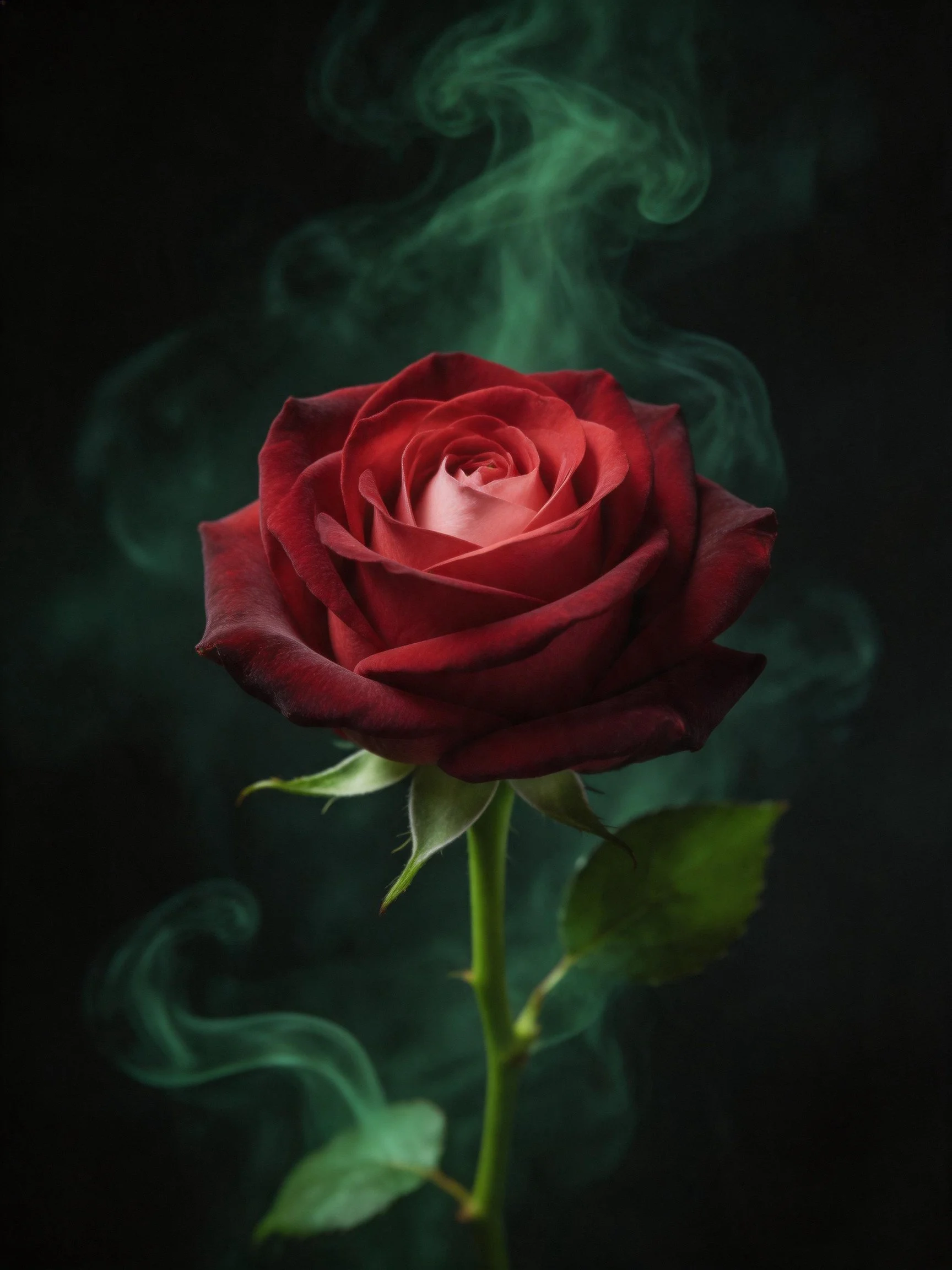 Dark red rose with green mist swirls on black background