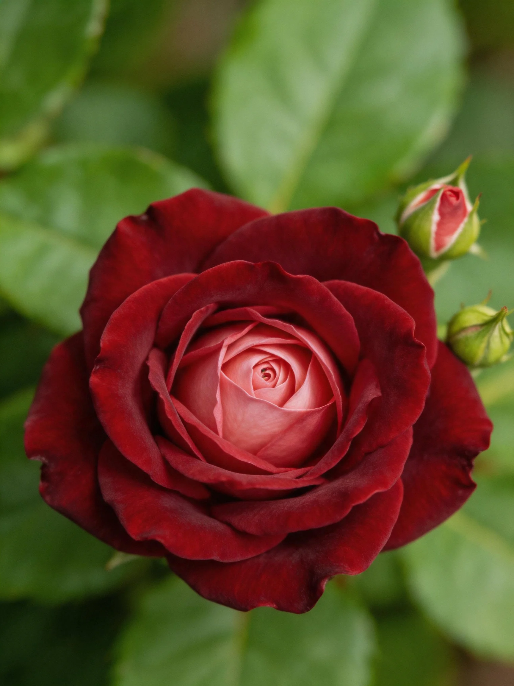 Deep burgundy rose with pink center and two buds