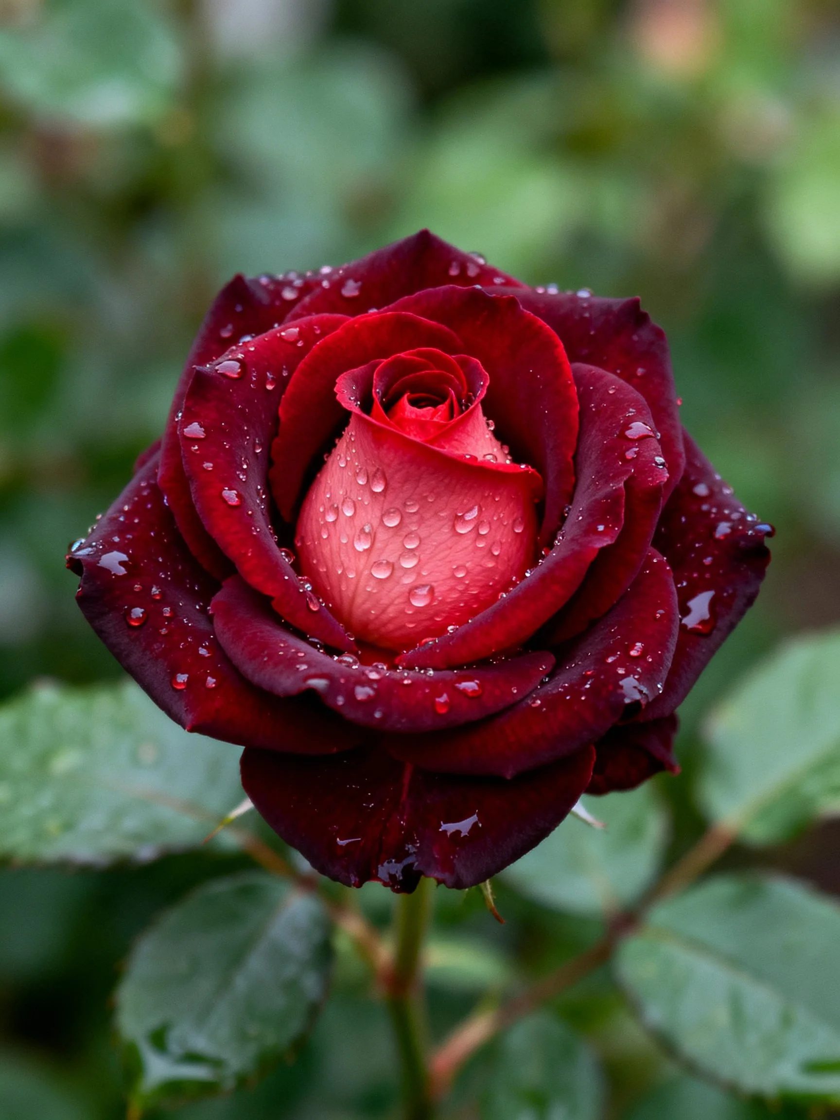 Deep burgundy rose with water droplets adorning petals