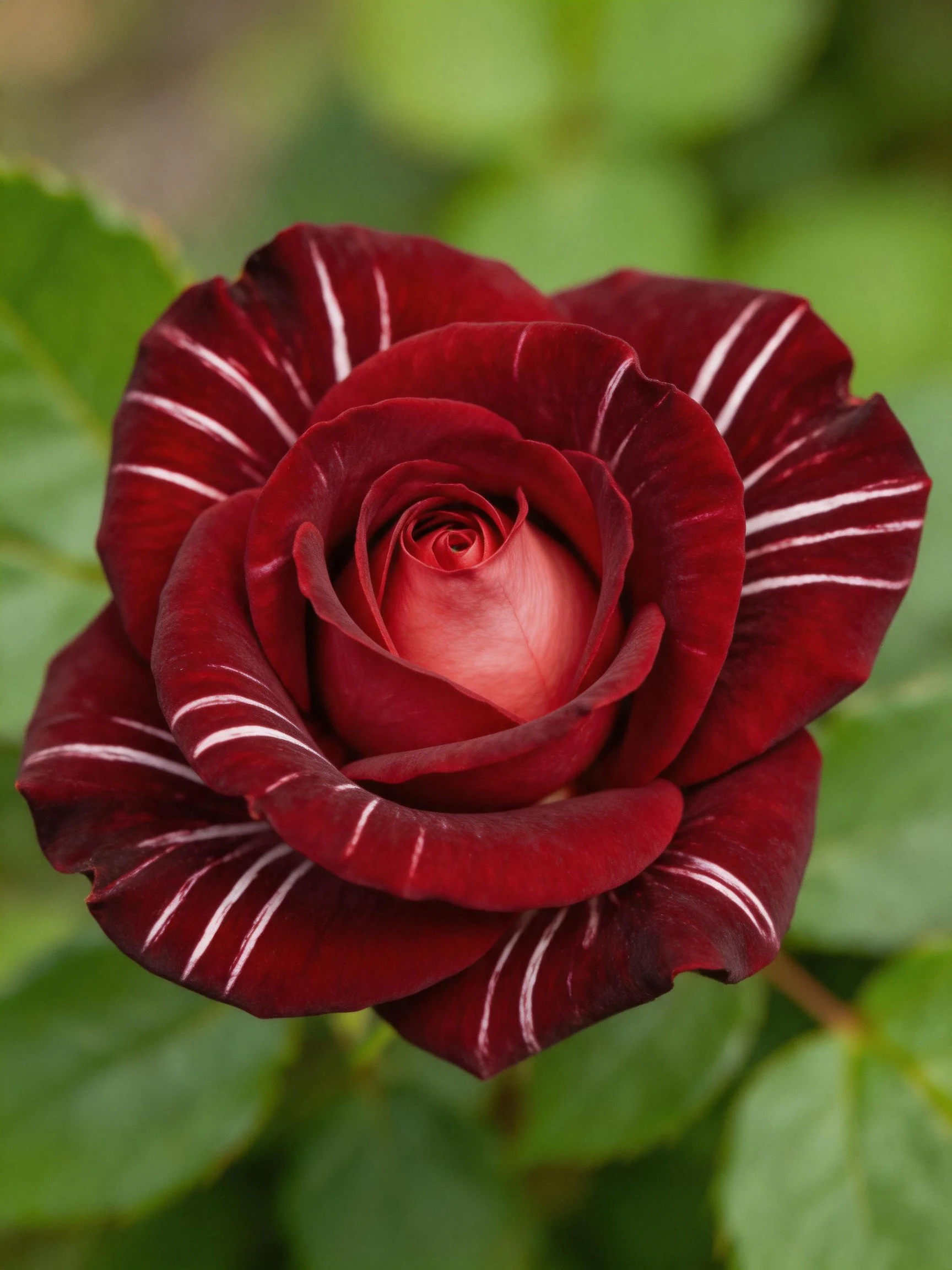 Deep burgundy rose with white striped petals