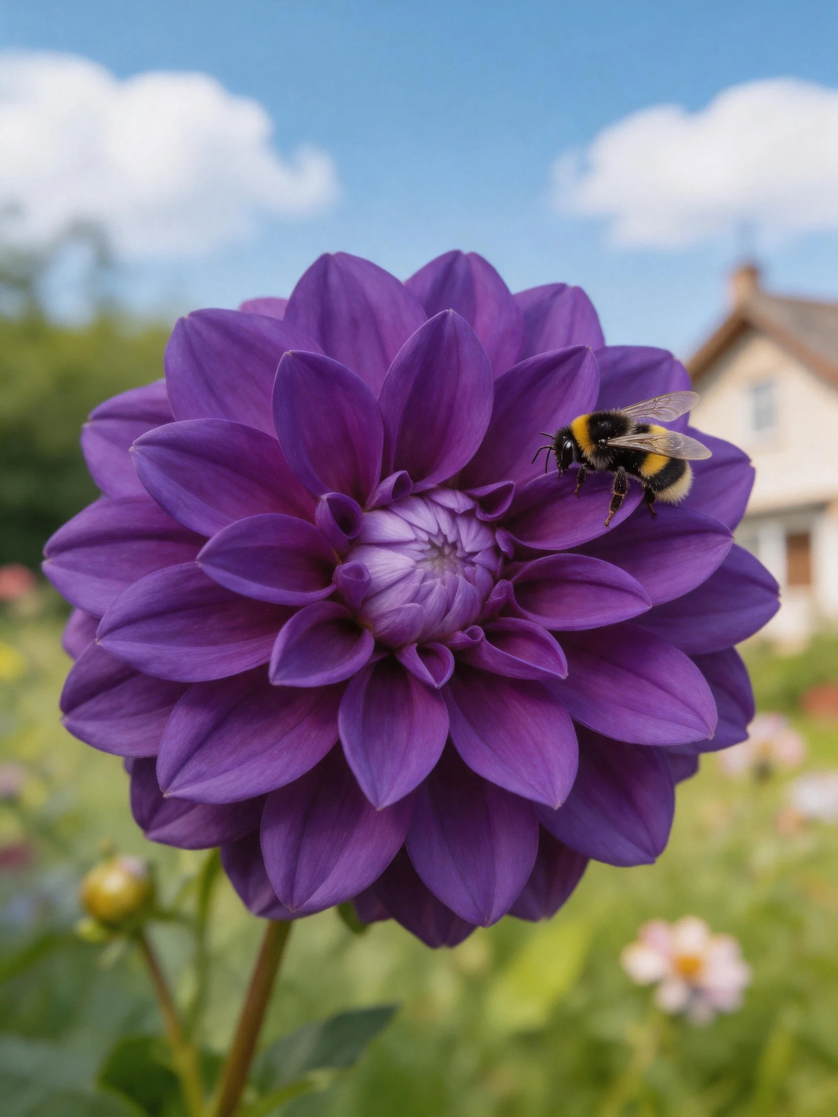 Deep purple dahlia with a bumblebee