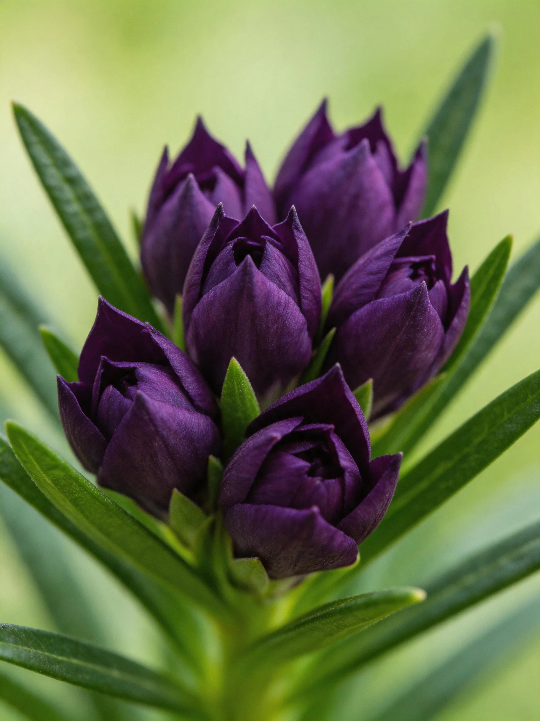 Deep purple flower buds clustered among elongated green leaves