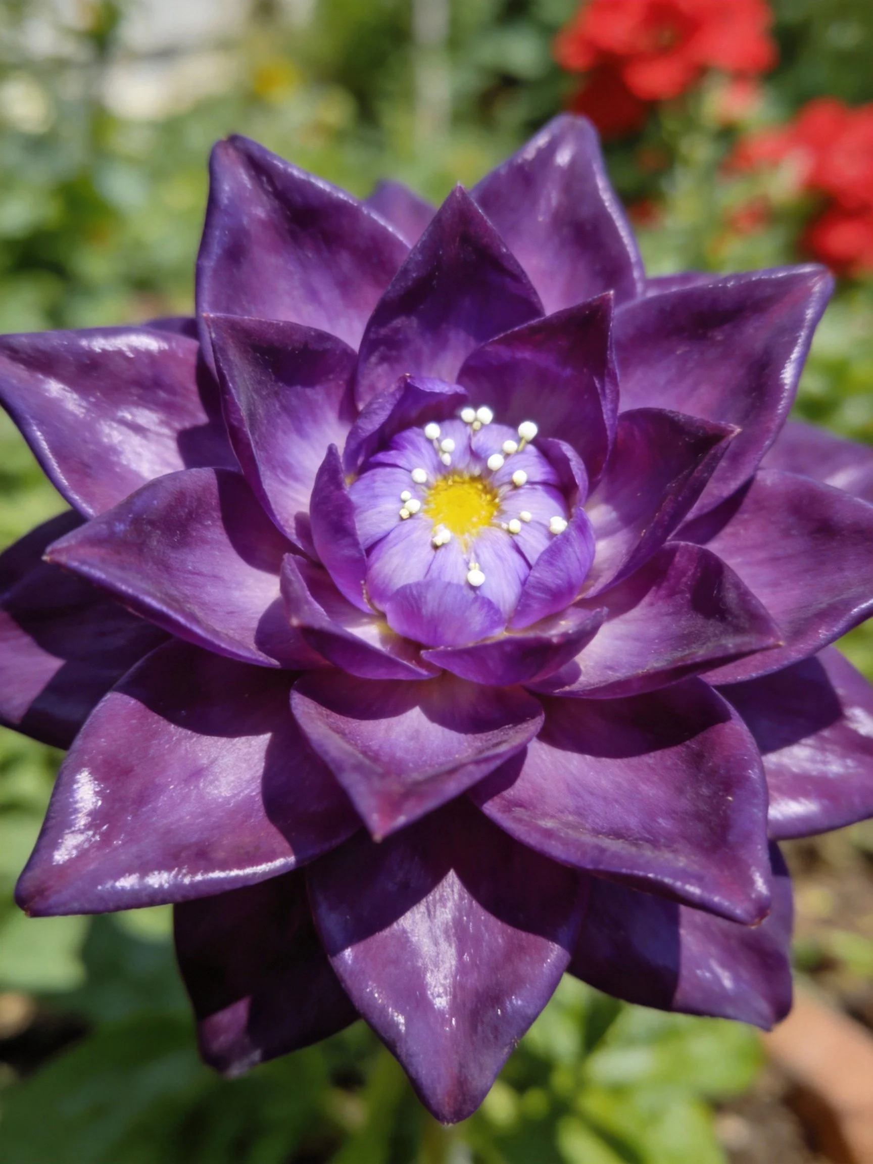 Deep purple flower with layered petals and yellow center