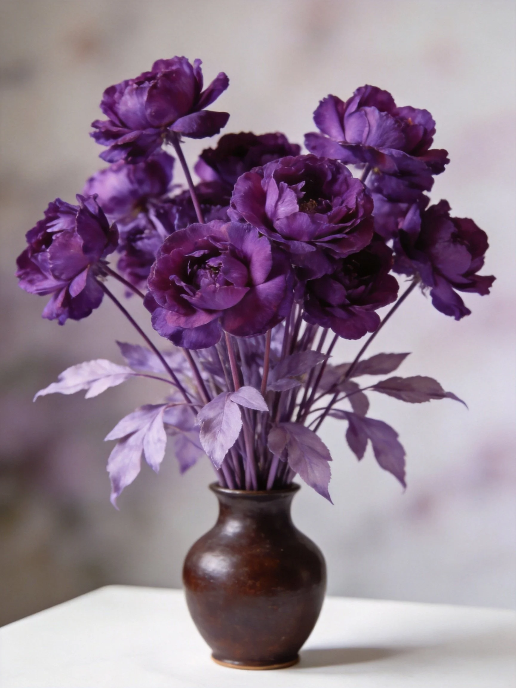 Deep purple flowers in a dark brown vase with purple leaves