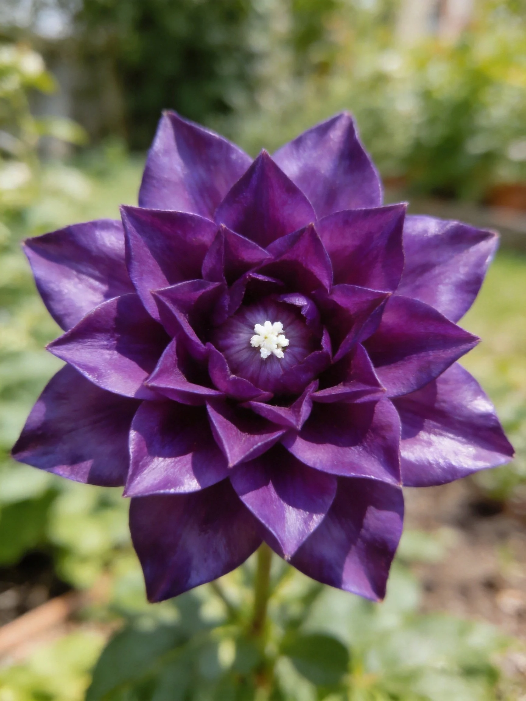 Deep purple layered flower with white central bloom