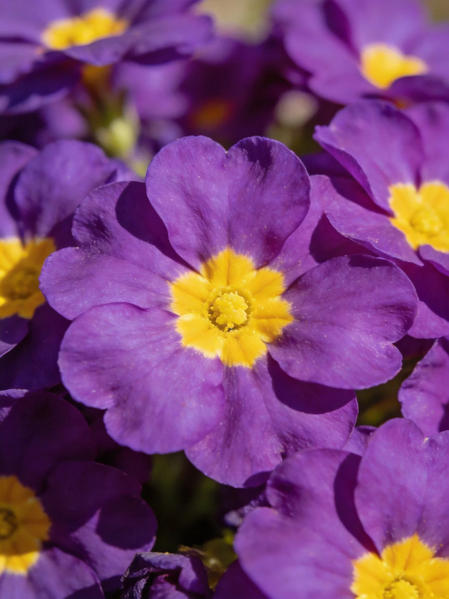 Deep purple primrose blooms with bright yellow centers clustered together