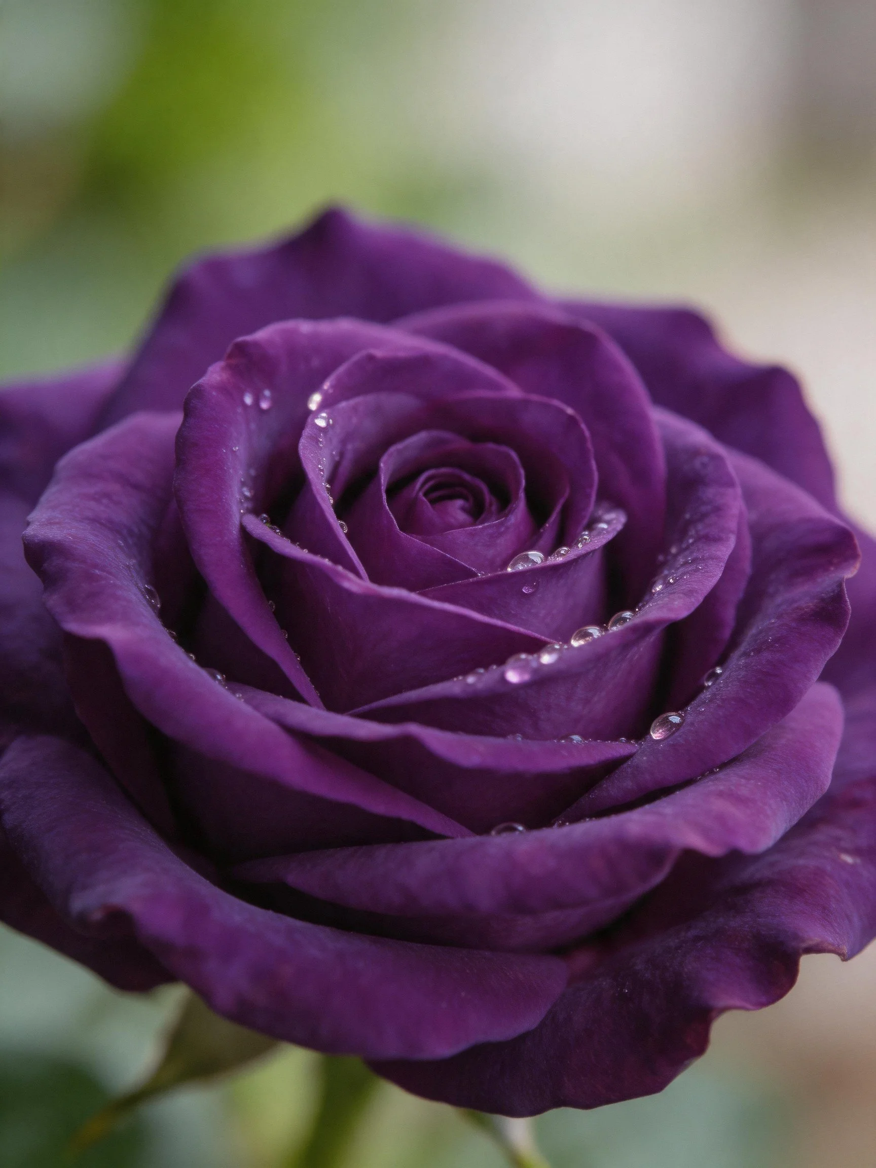 Deep purple rose with water droplets, close-up view