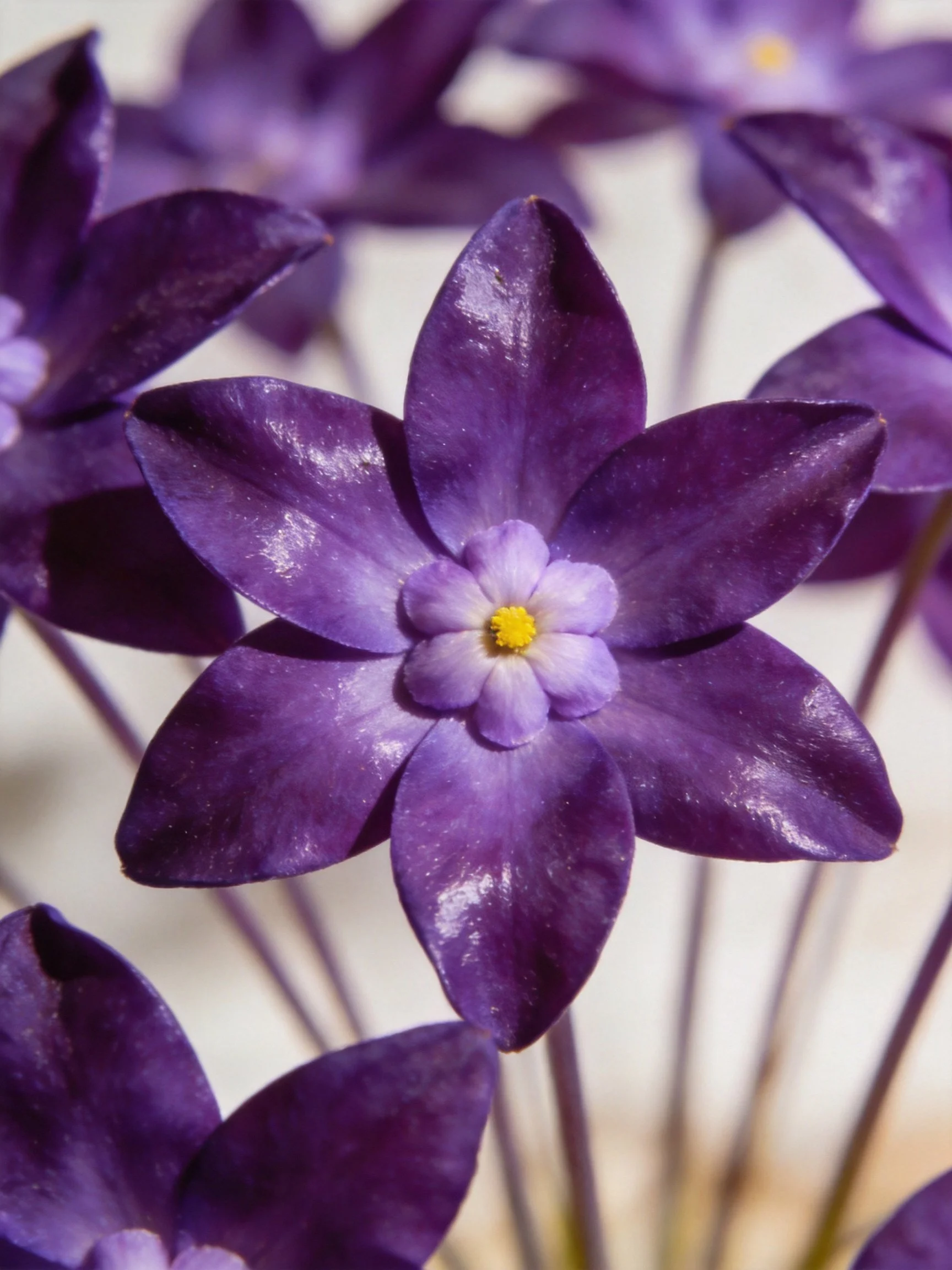 Deep purple star - shaped flowers with lavender and yellow centers