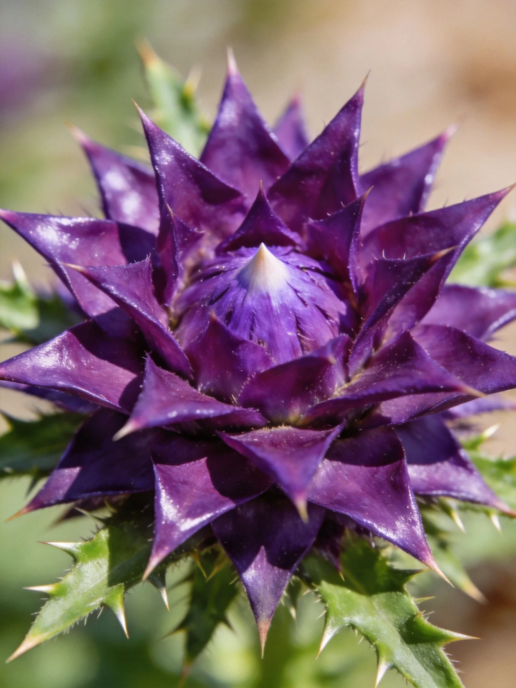 Deep purple thistle flower bud with sharp pointed petals