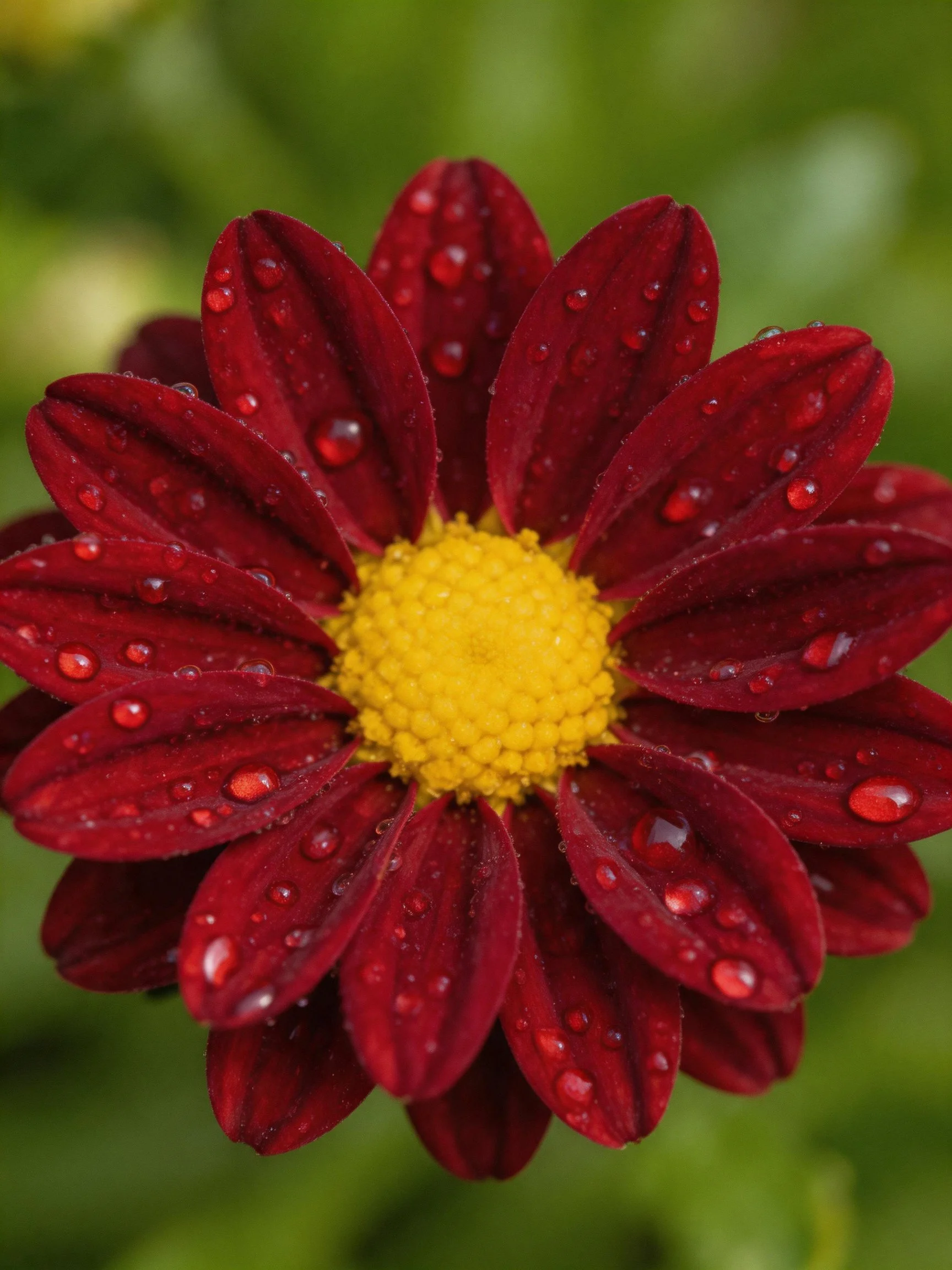 Deep red flower with yellow center and water droplets