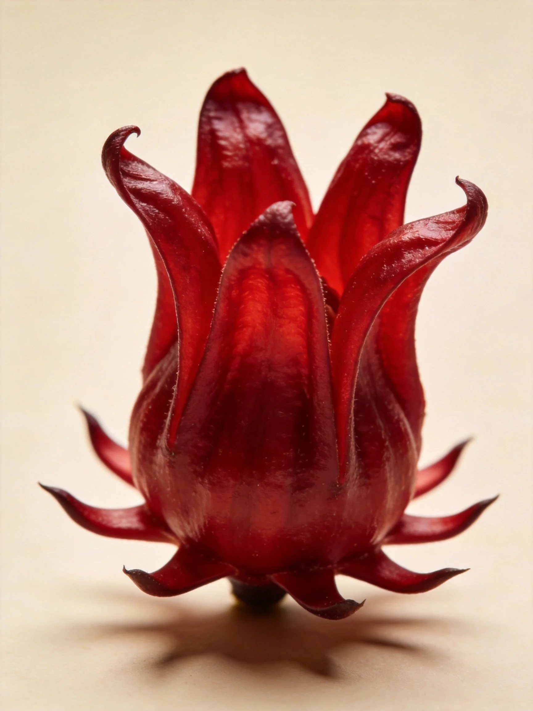 Deep red hibiscus flower bud with glossy petals