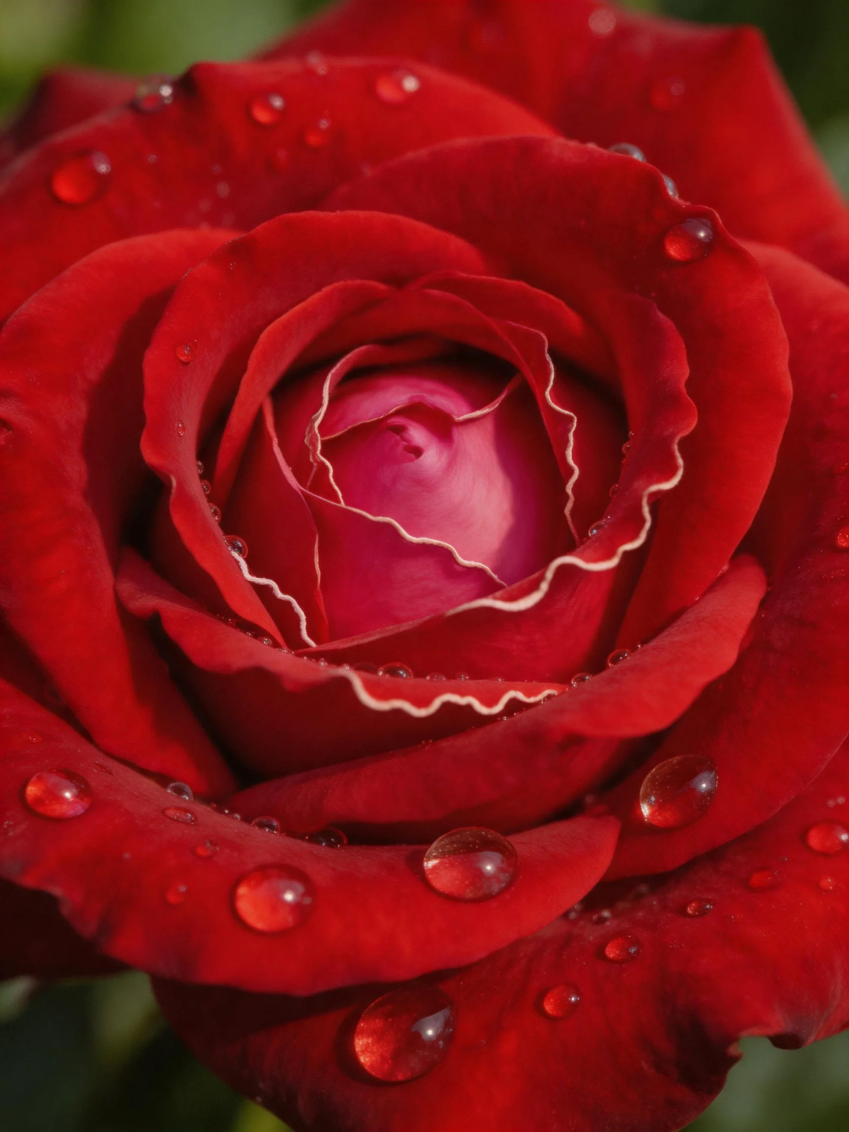 Deep red rose close - up with water droplets on layered petals