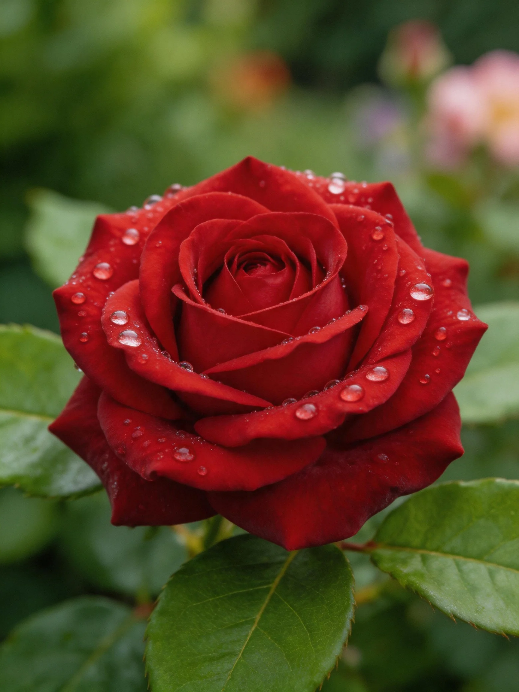 Deep red rose with water droplets on petals and green leaves