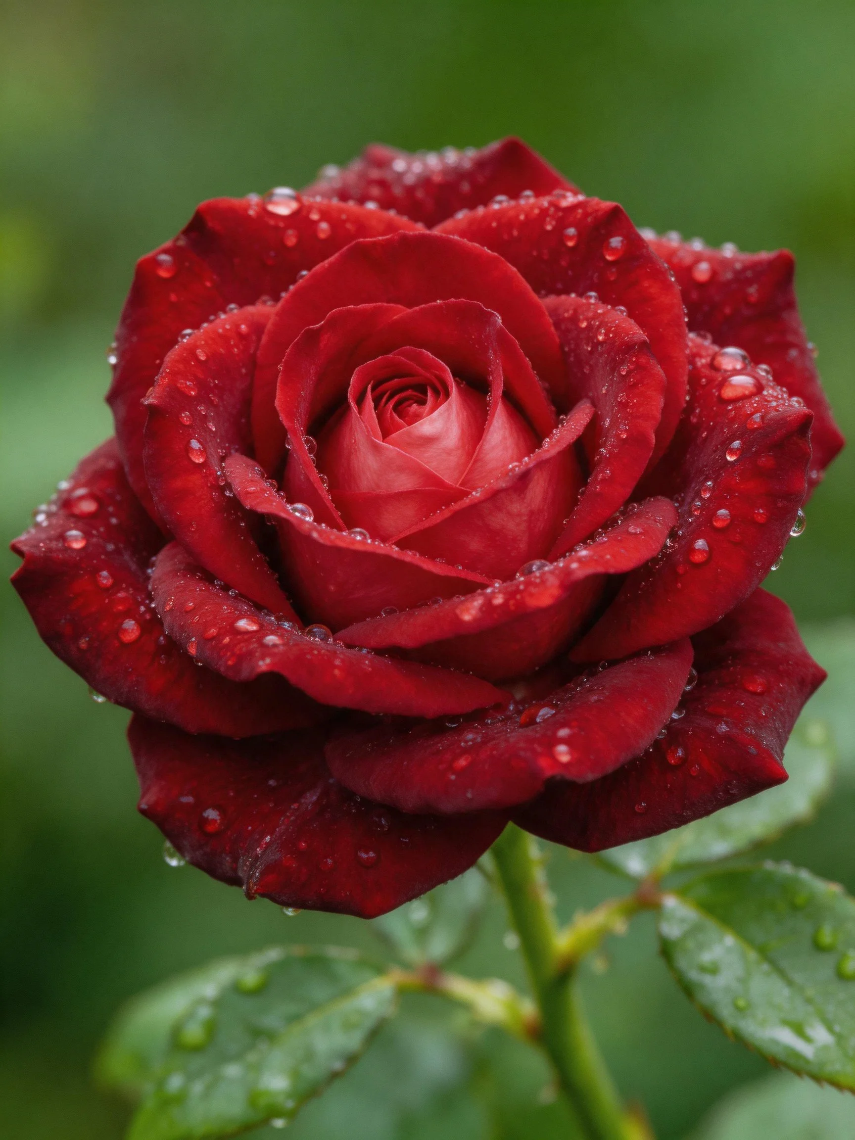Deep red rose with water droplets on petals and leaves