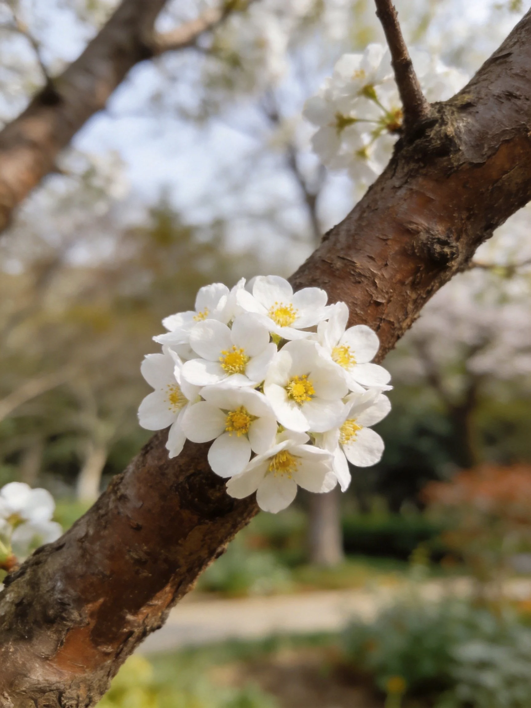 Delicate White Flower Clusters with Yellow Centers on Rough Brown Branch