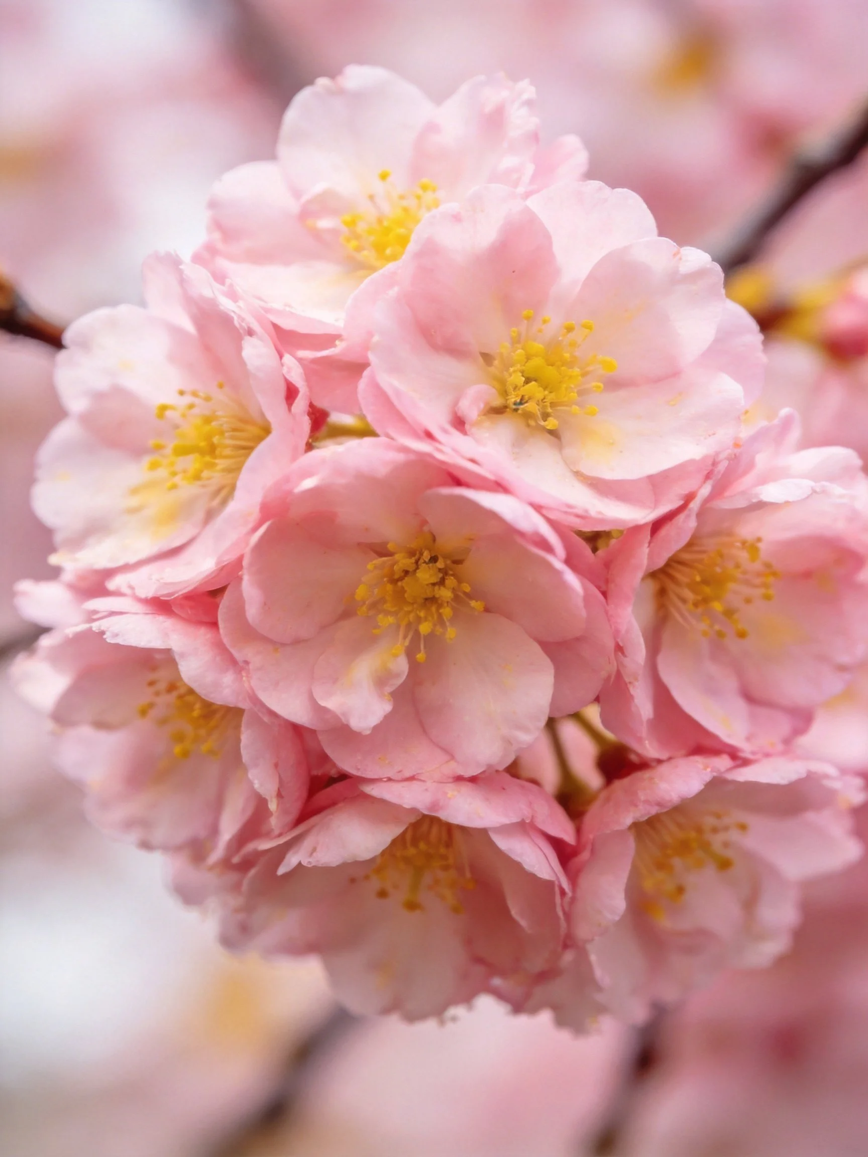 Delicate cluster of soft pink cherry blossoms with bright yellow centers