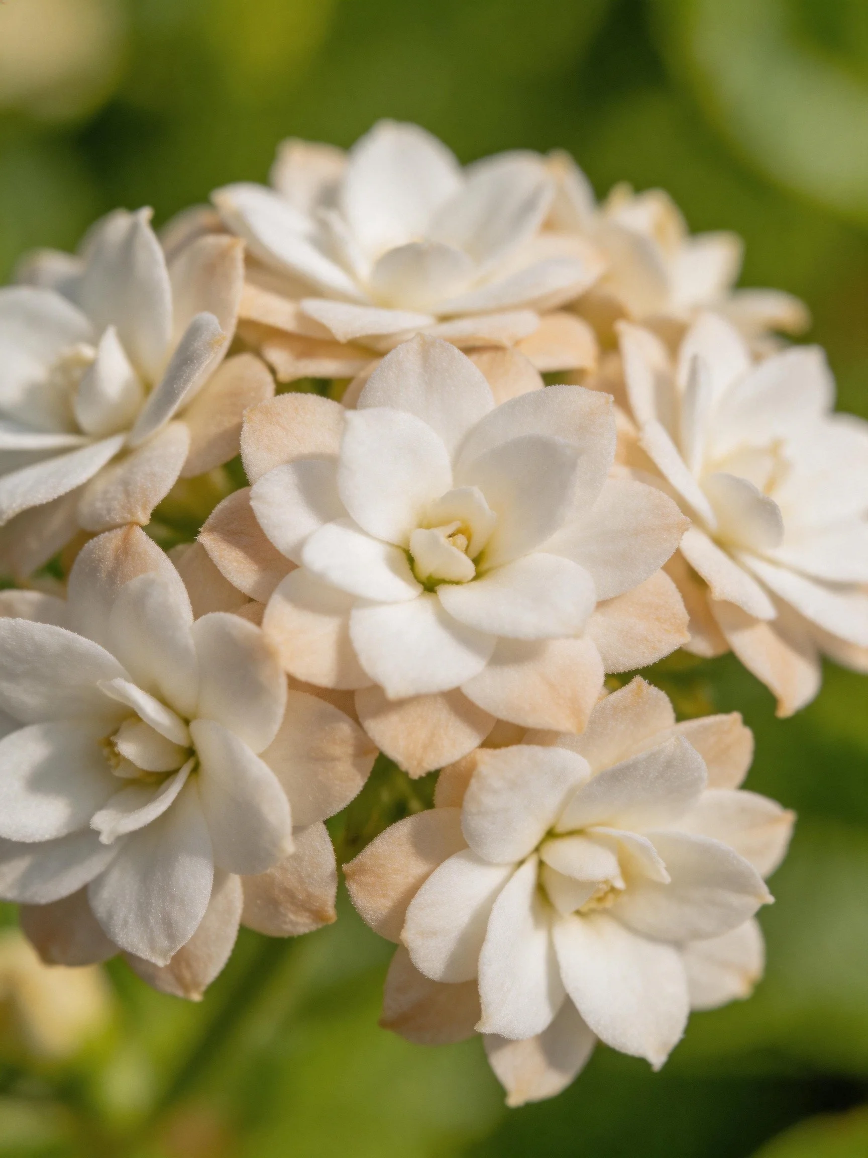 Delicate cluster of white and pale pink flowers amid green foliage