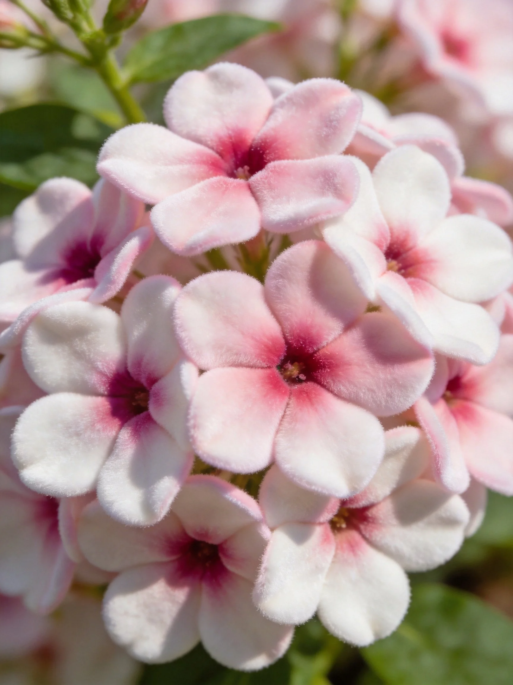 Delicate pink and white flower cluster with green foliage
