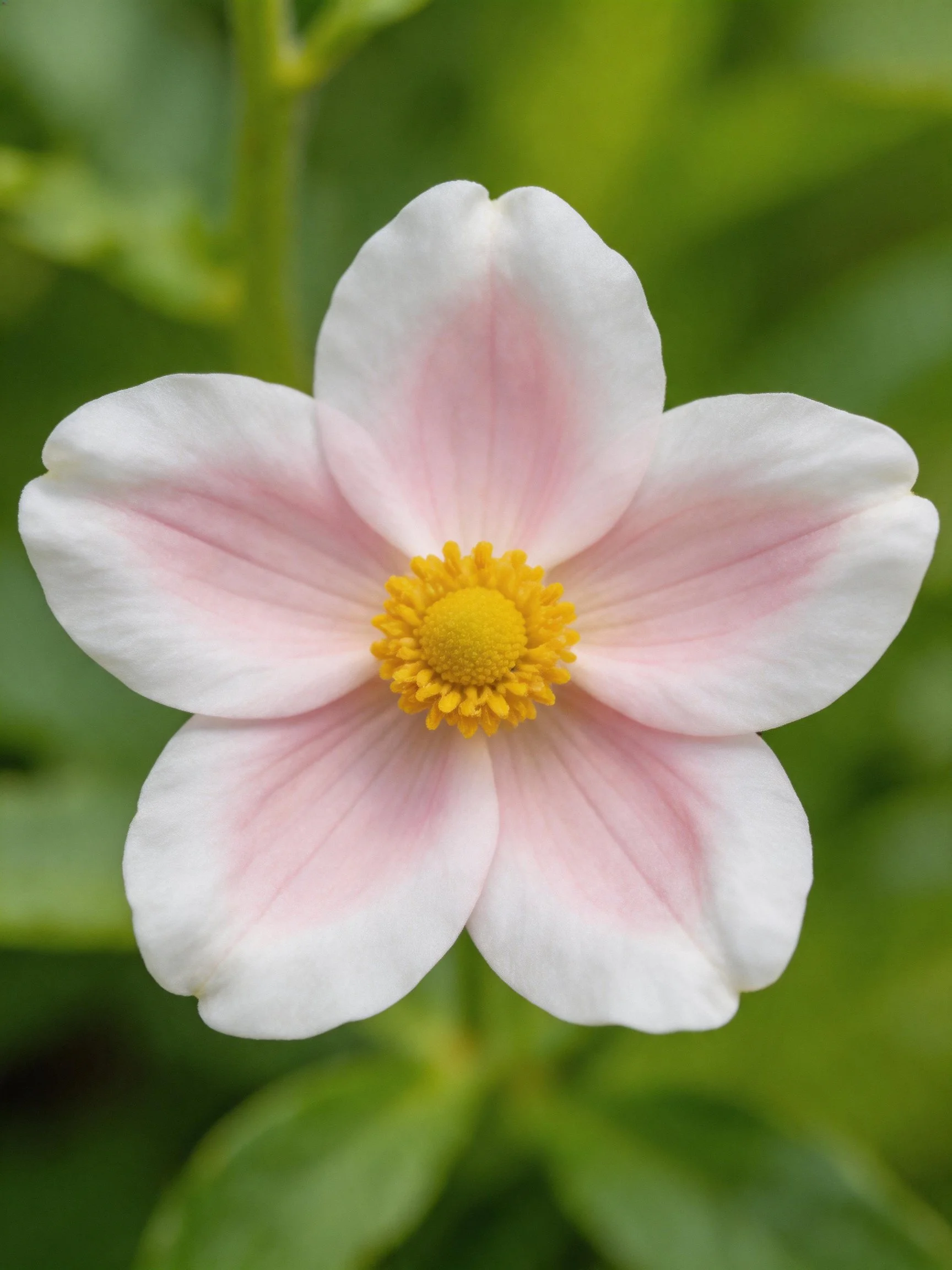 Delicate pink and white flower with vibrant yellow center