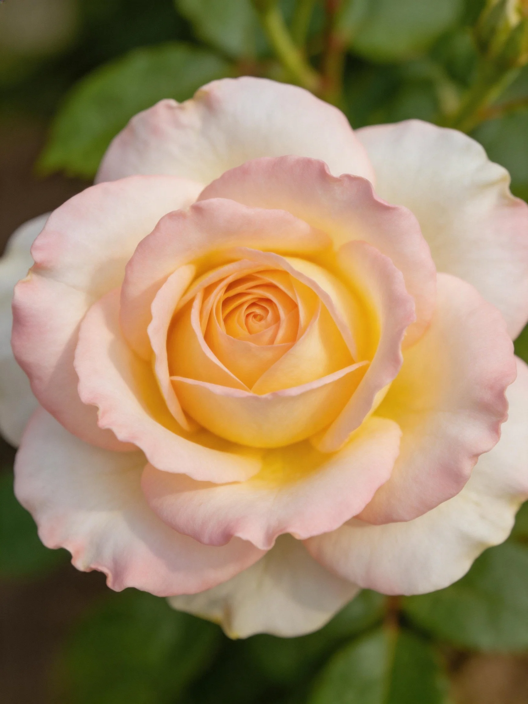 Delicate pink and yellow rose with layered petals