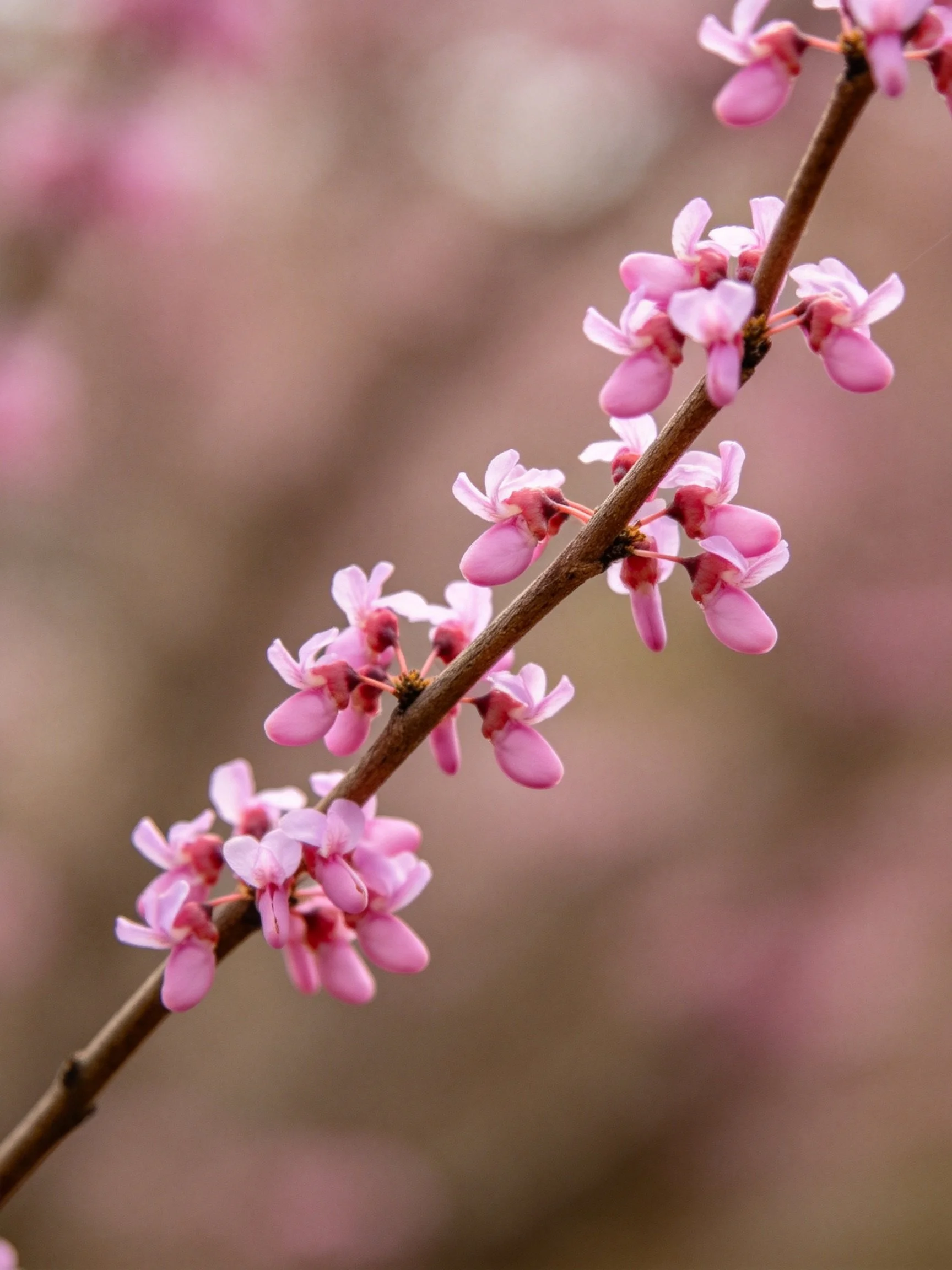 Delicate pink blossoms cluster on a slender brown branch
