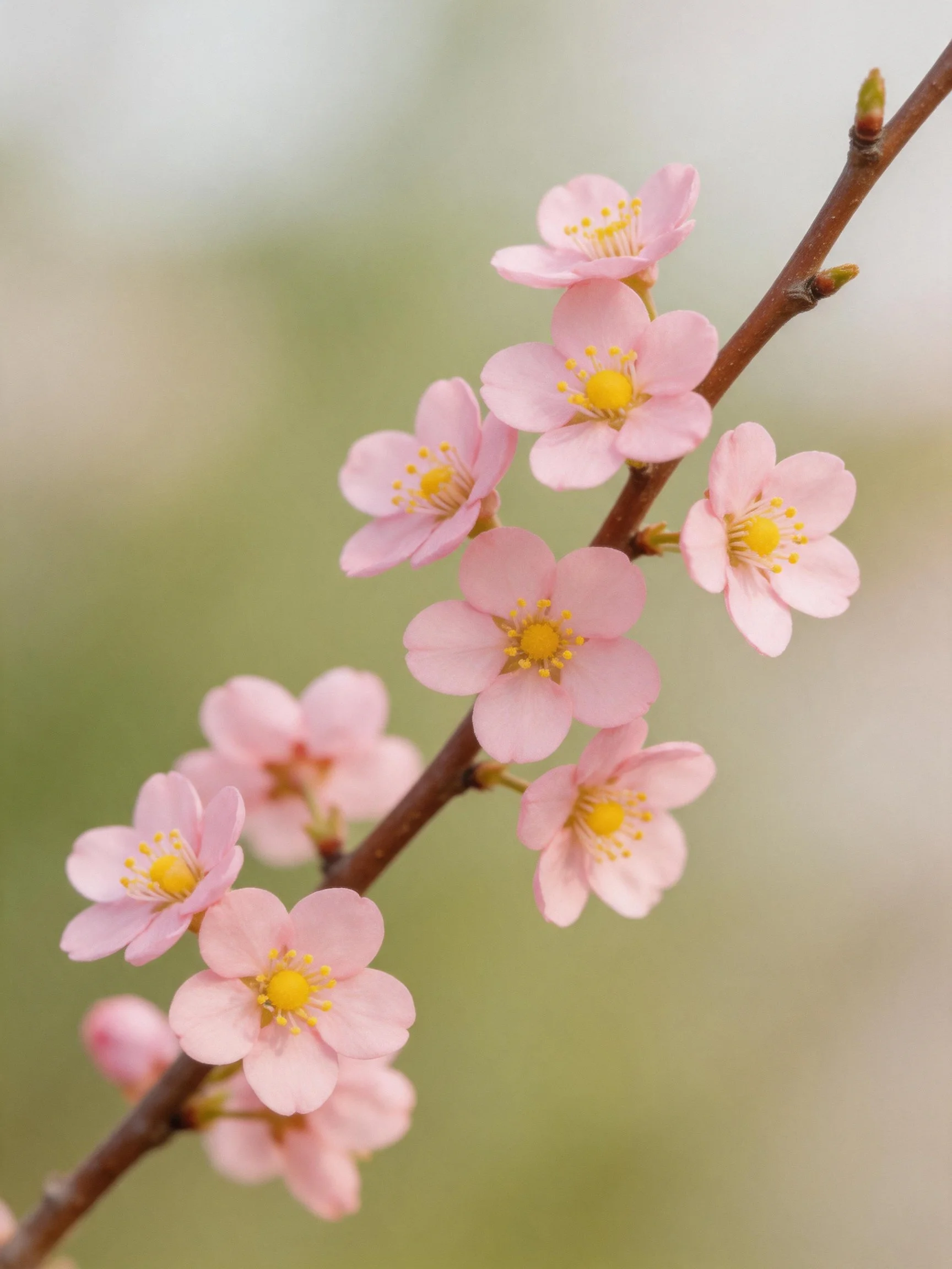 Delicate pink cherry blossoms blooming on a slender brown branch