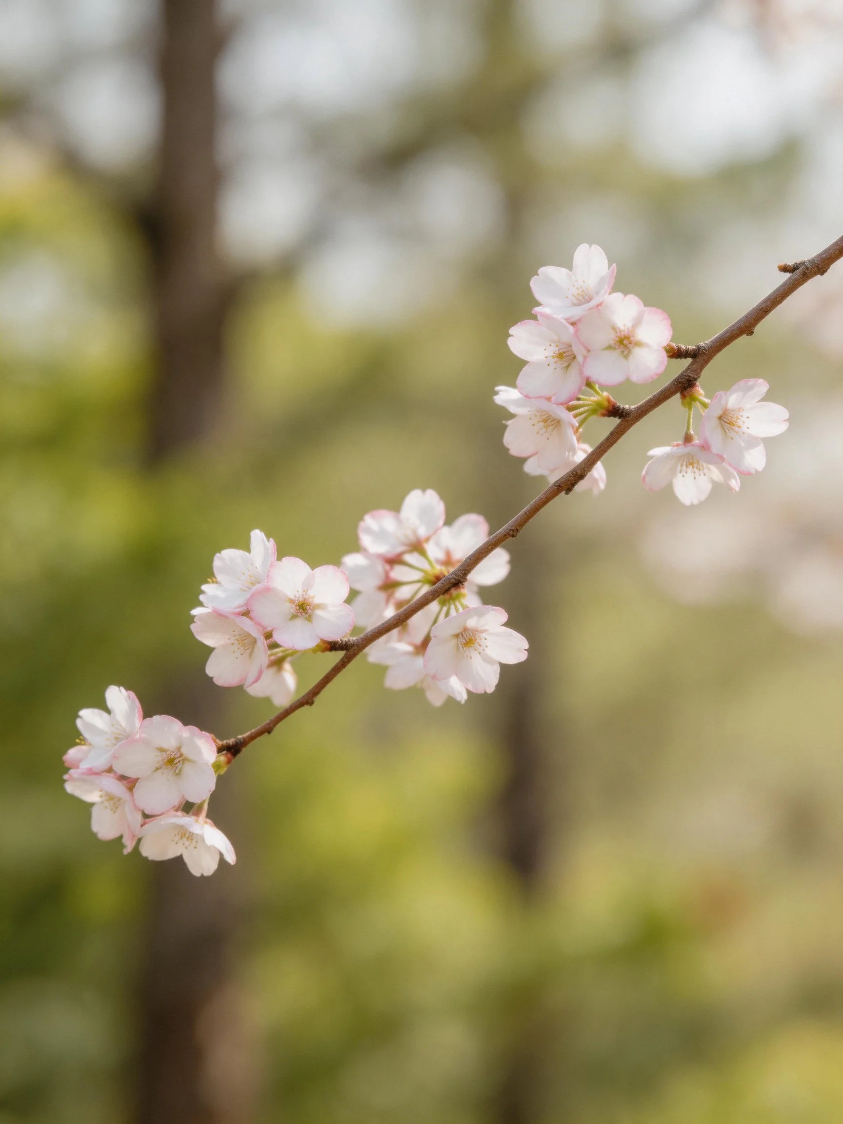 Delicate pink cherry blossoms cluster on a slender brown branch