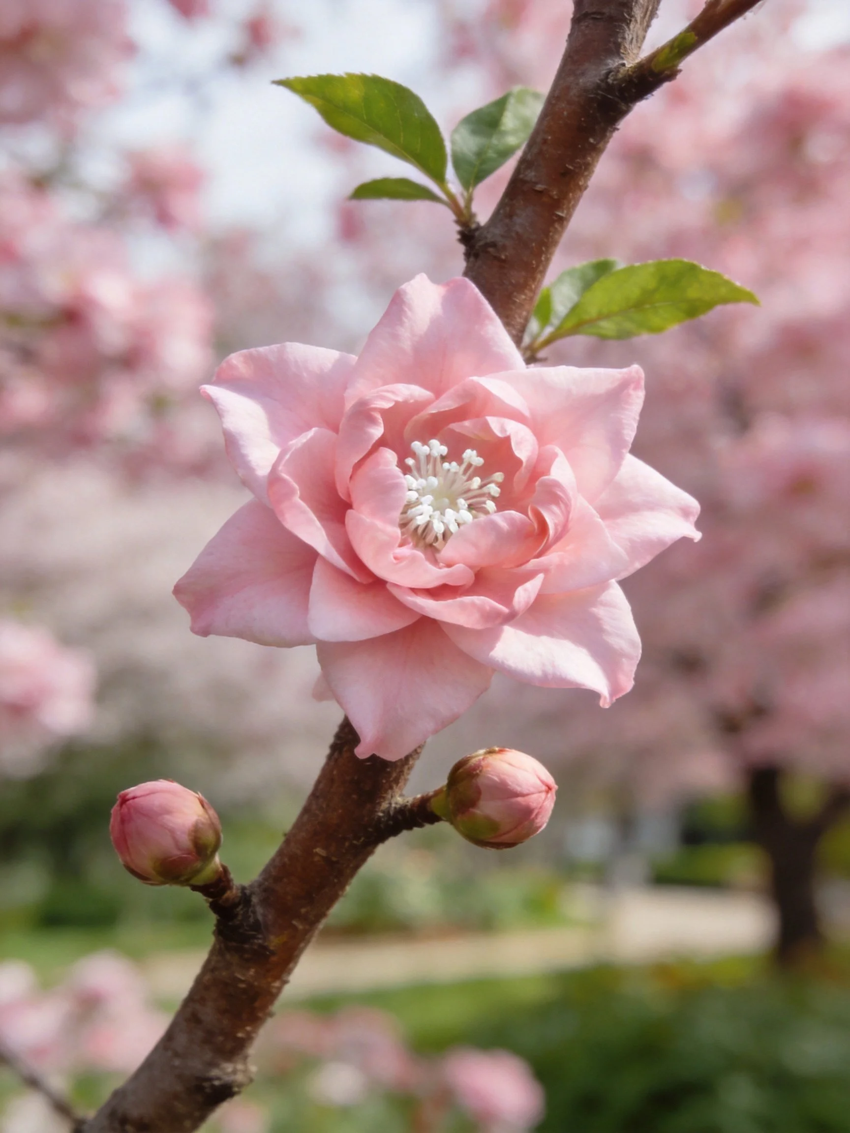 Delicate pink flower blooms on a tree branch