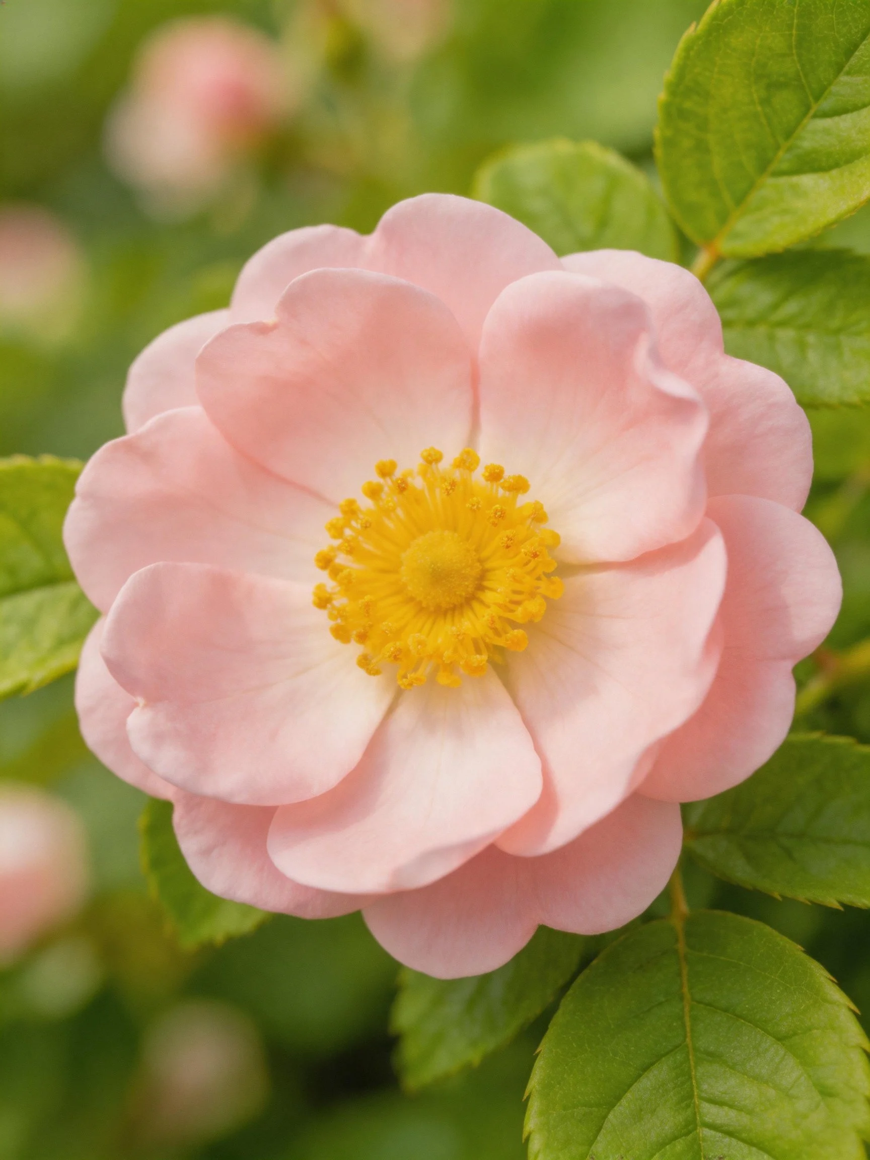 Delicate pink flower with layered petals and yellow center