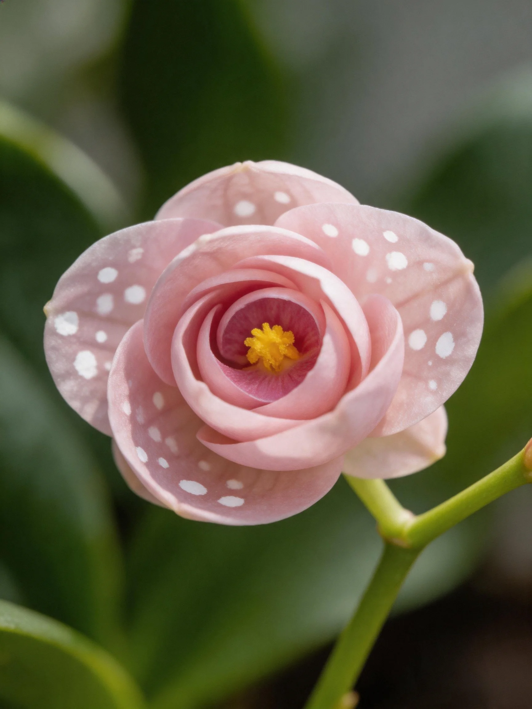Delicate pink flower with white spots and yellow center
