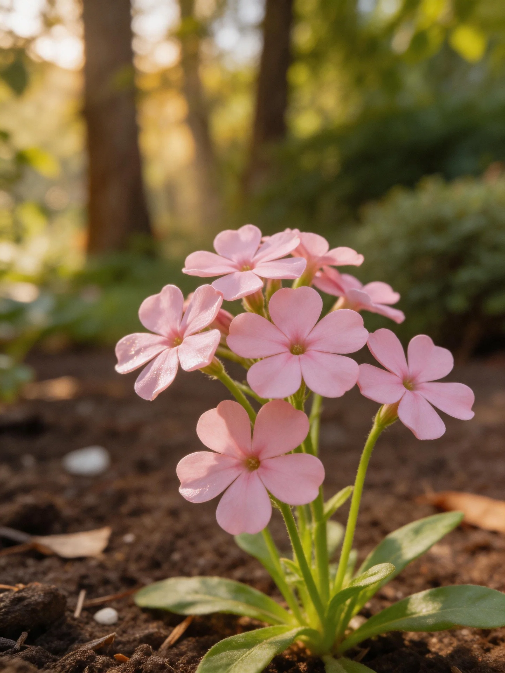 Delicate pink flowers clustered among forest soil