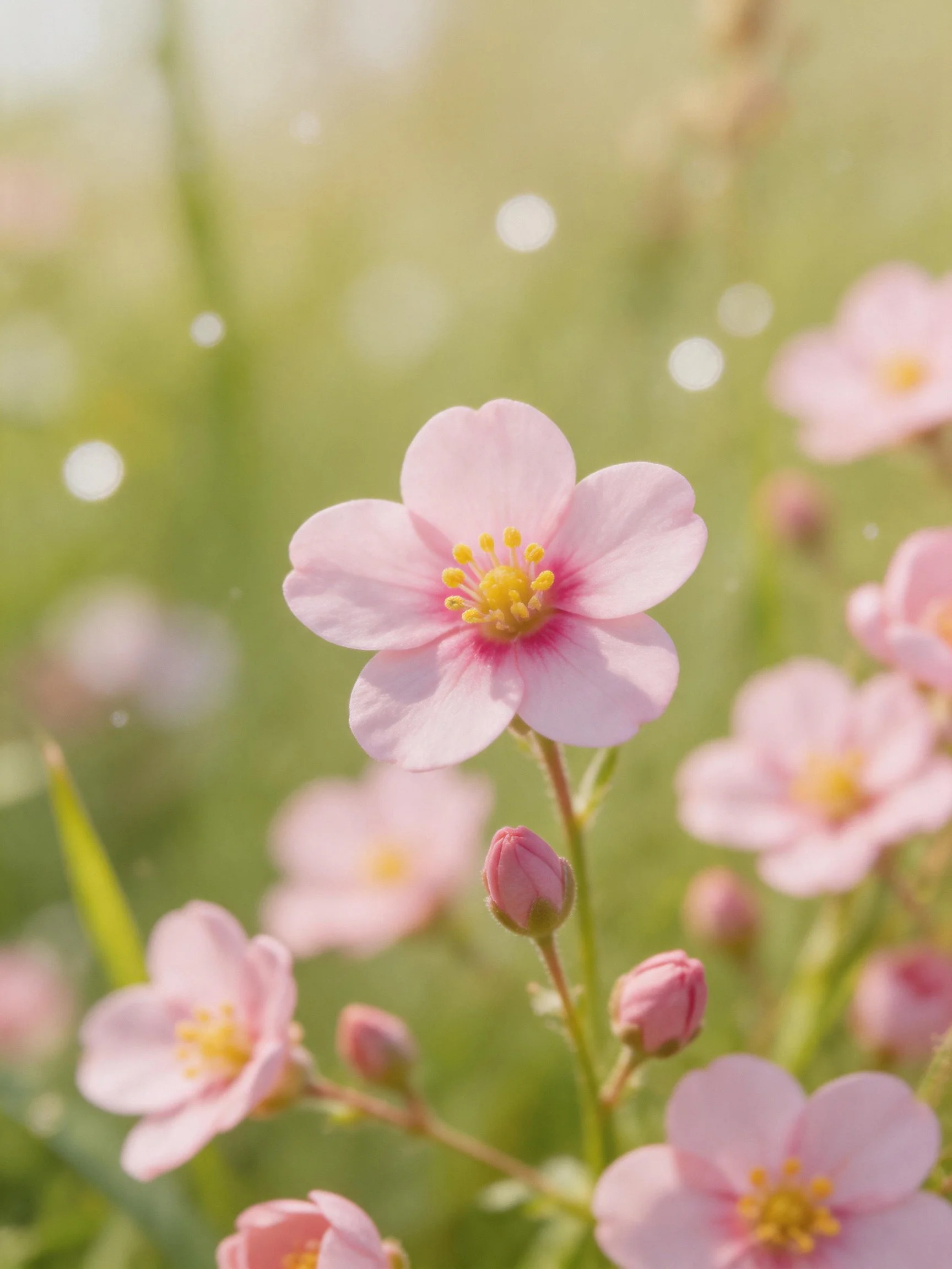 Delicate pink flowers with yellow centers in a soft green bokeh scene