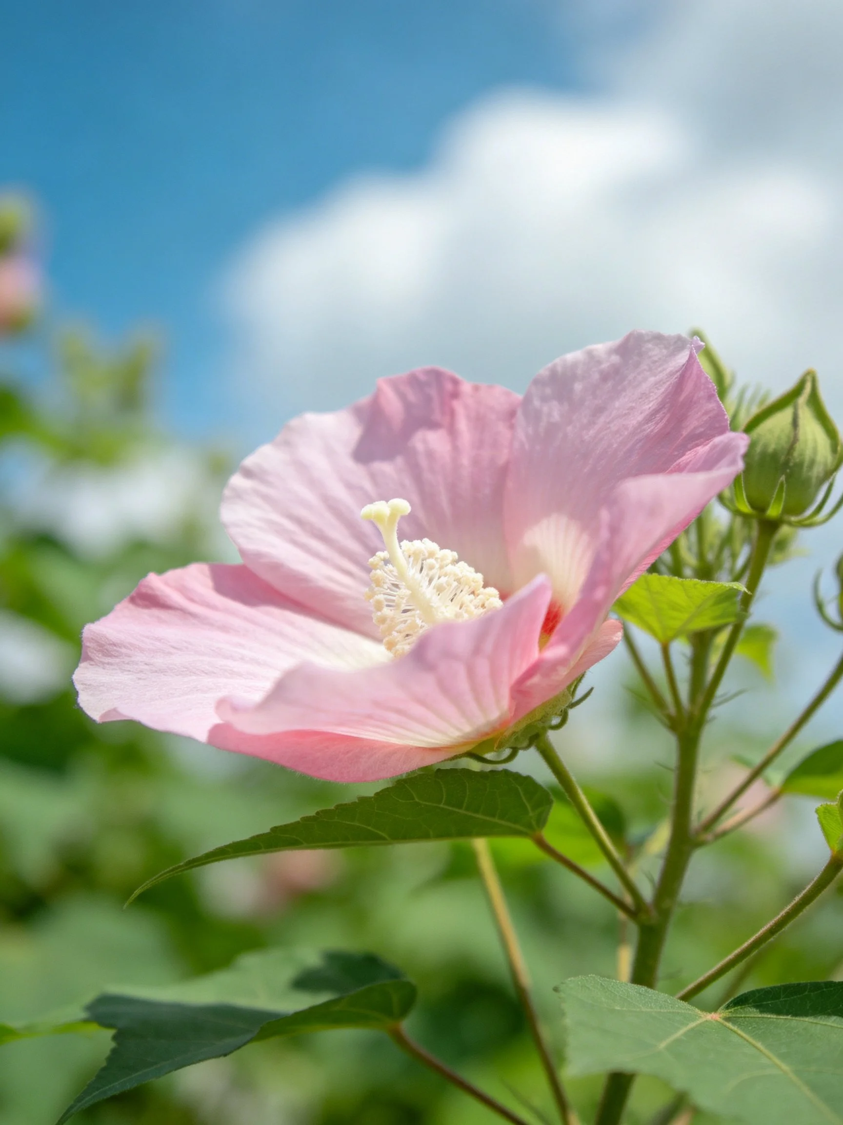 Delicate pink hibiscus blooms near green buds with blue sky backdrop