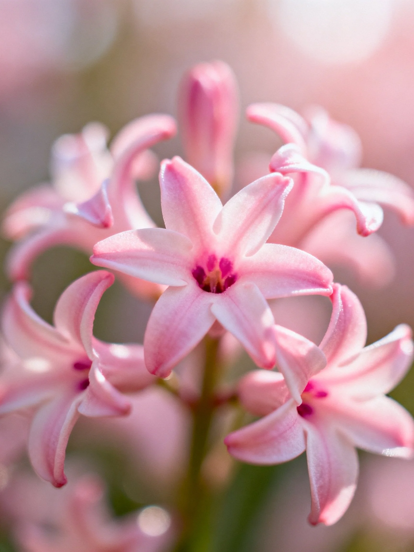 Delicate pink hyacinth blooms with soft, diffused lighting