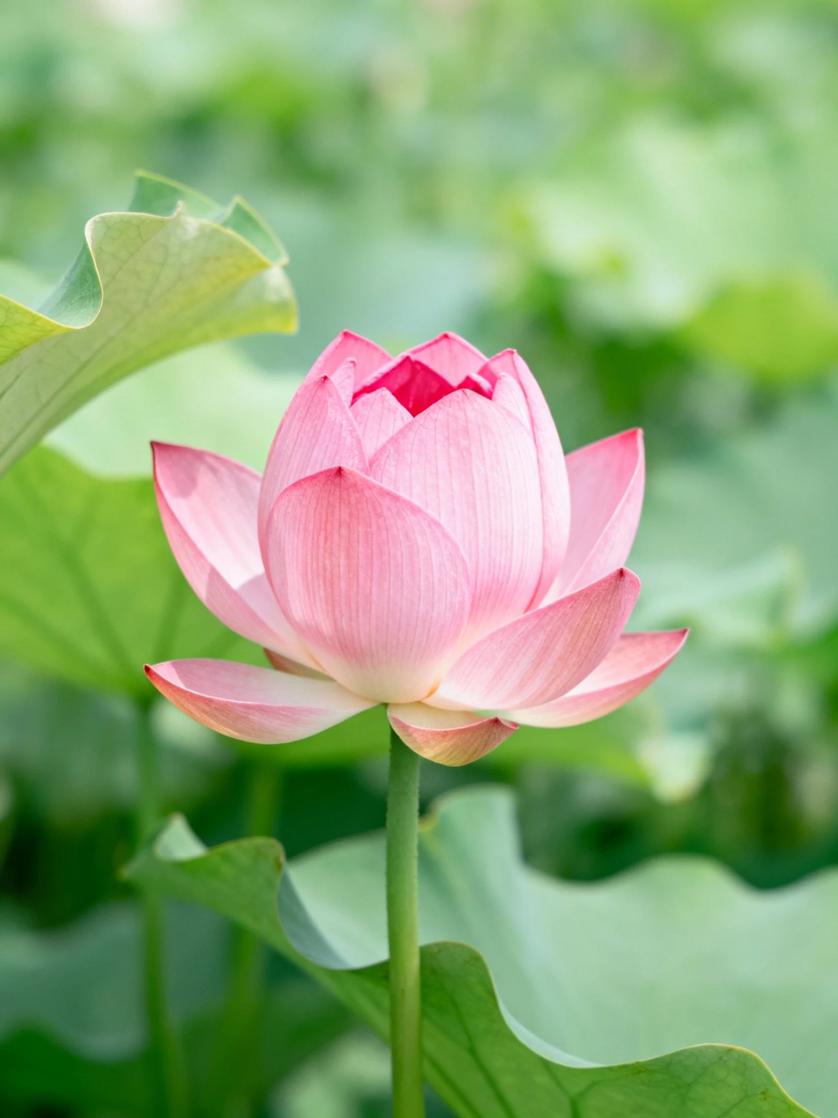Delicate pink lotus blooming amid lush green foliage